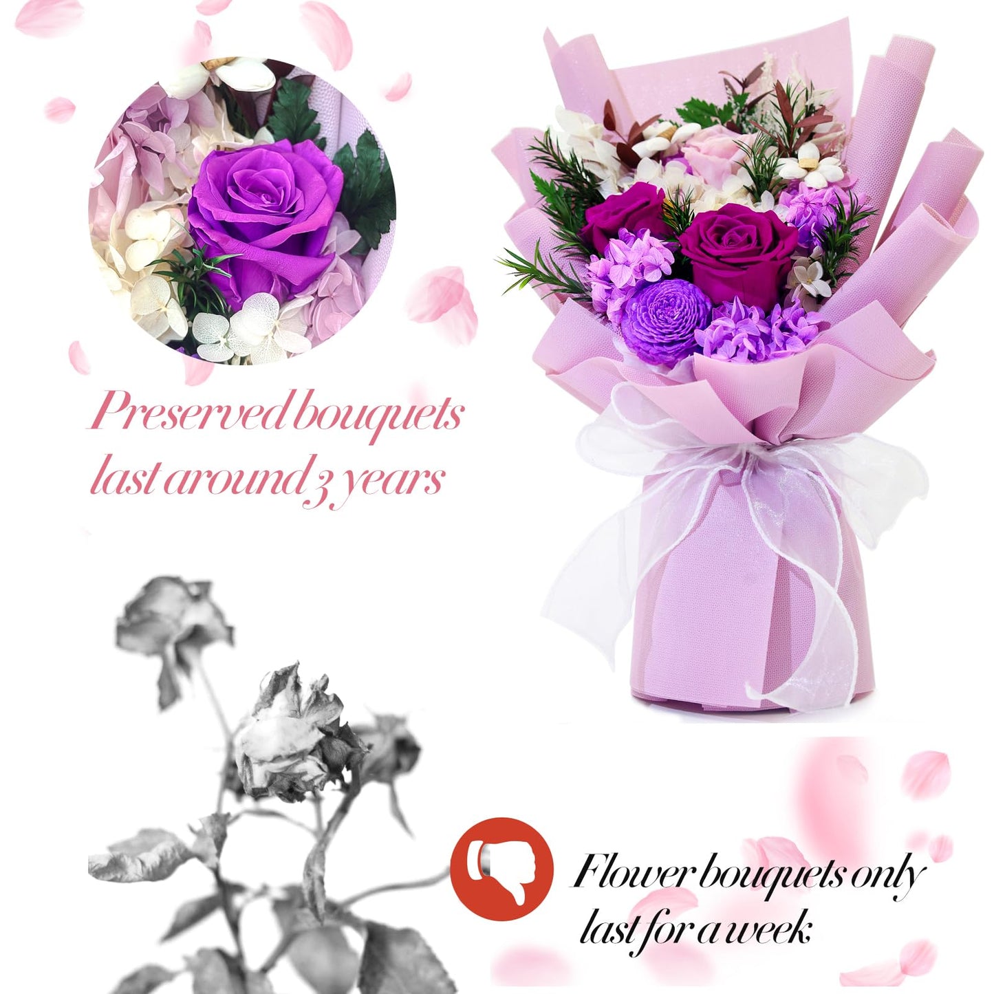 QOEAZY Preserved Flowers Bouquet with Gift Box, Purple Flowers for Delivery Prime, Birthday Flowers for Women Mom Grandma, Flowers Gifts for Valentine's Day, Mother's Day, Anniversary, Christmas
