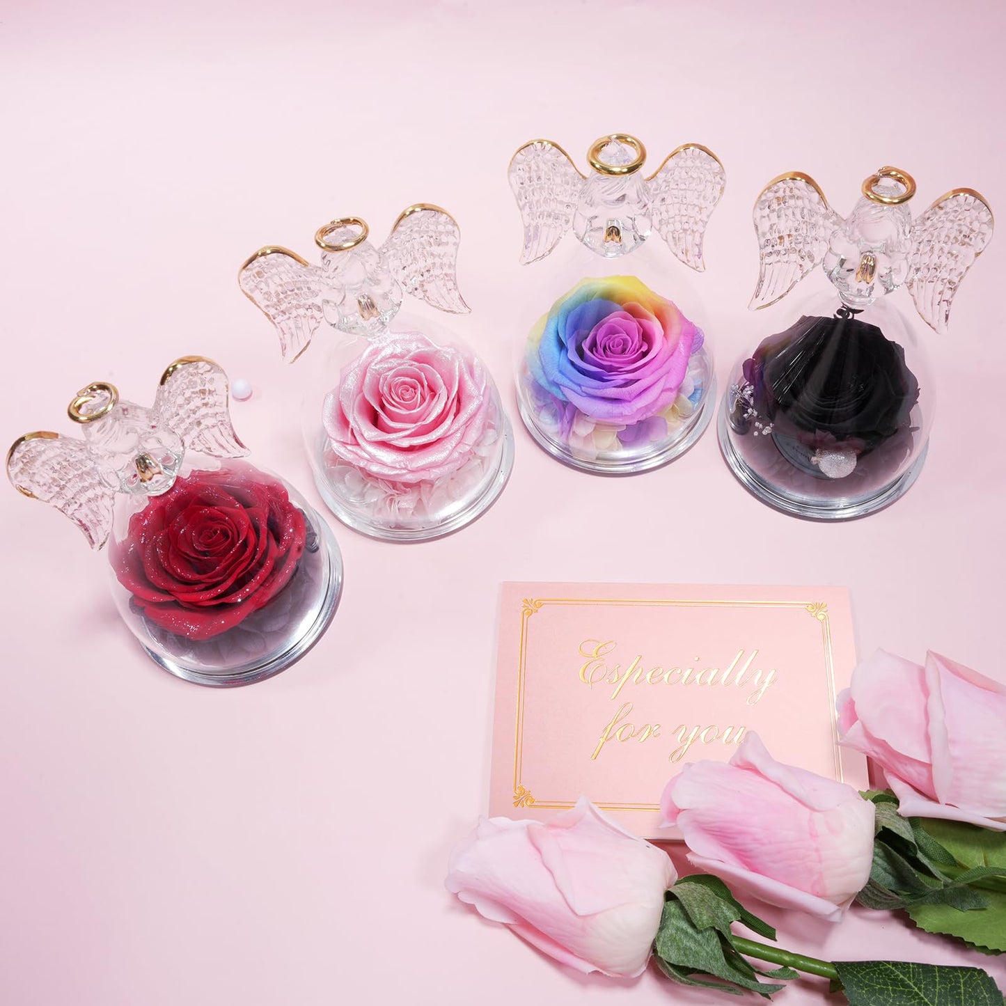 Sunia Preserved Flower Rose Birthday Gifts for Mom, Glass Angels Figurines Gifts for Women Grandma Mothers, Forever Real Flowers Unique Gifts for Valentine Mother's Day Anniversary Thanksgiving ﻿