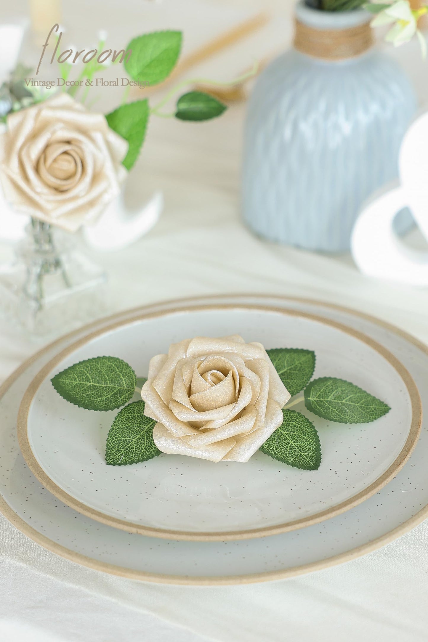 Floroom Artificial Flowers 25pcs Real Looking Ivory Foam Fake Roses with Stems for DIY Wedding Bouquets White Bridal Shower Centerpieces Arrangements Party Tables Decorations