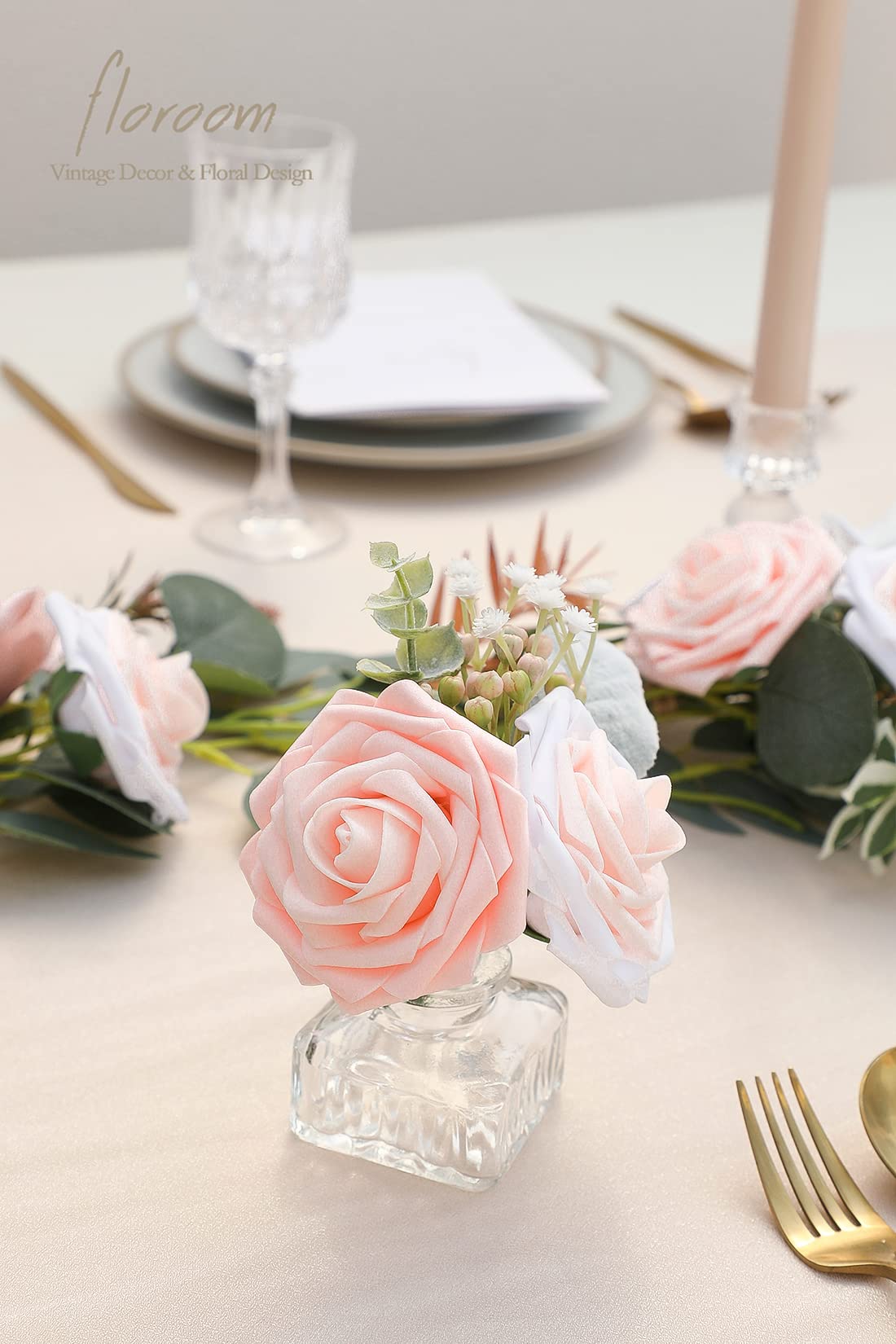 Floroom Artificial Flowers 25pcs Real Looking Ivory Foam Fake Roses with Stems for DIY Wedding Bouquets White Bridal Shower Centerpieces Arrangements Party Tables Decorations