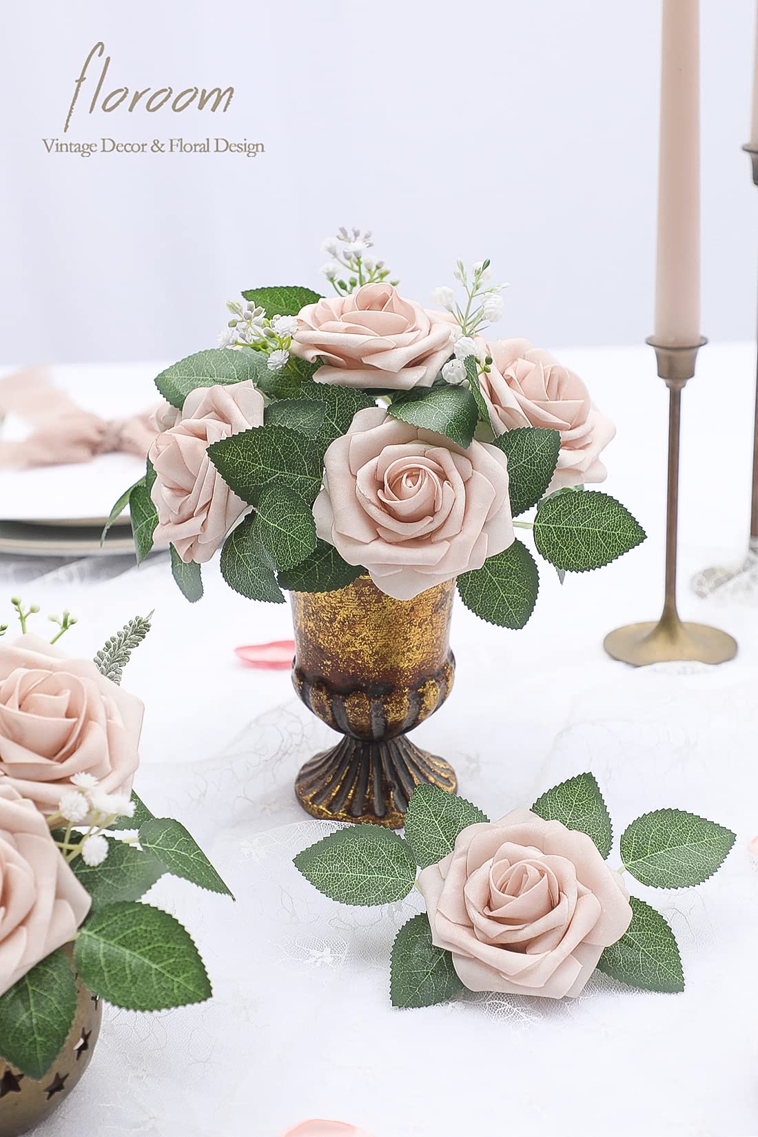 Floroom Artificial Flowers 25pcs Real Looking Ivory Foam Fake Roses with Stems for DIY Wedding Bouquets White Bridal Shower Centerpieces Arrangements Party Tables Decorations
