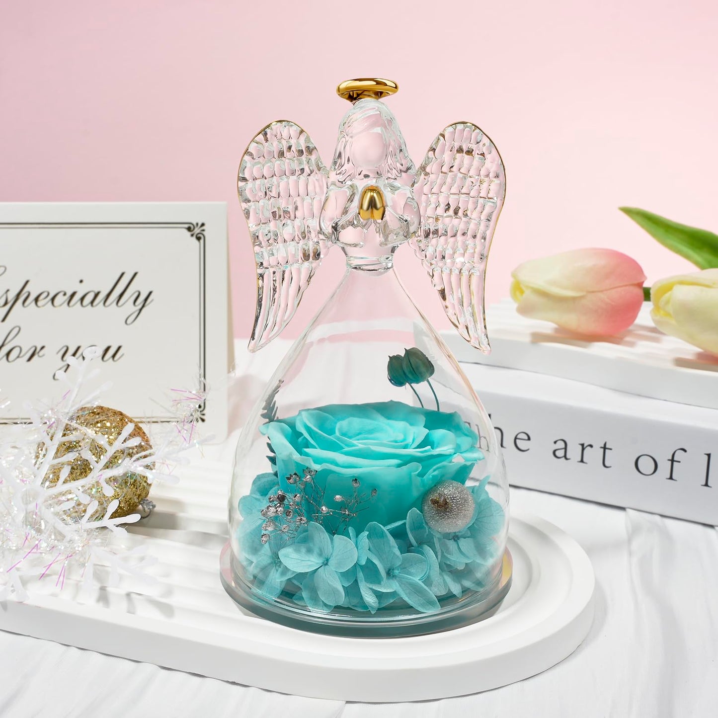 Sunia Preserved Flower Rose Birthday Gifts for Mom, Glass Angels Figurines Gifts for Women Grandma Mothers, Forever Real Flowers Unique Gifts for Valentine Mother's Day Anniversary Thanksgiving ﻿