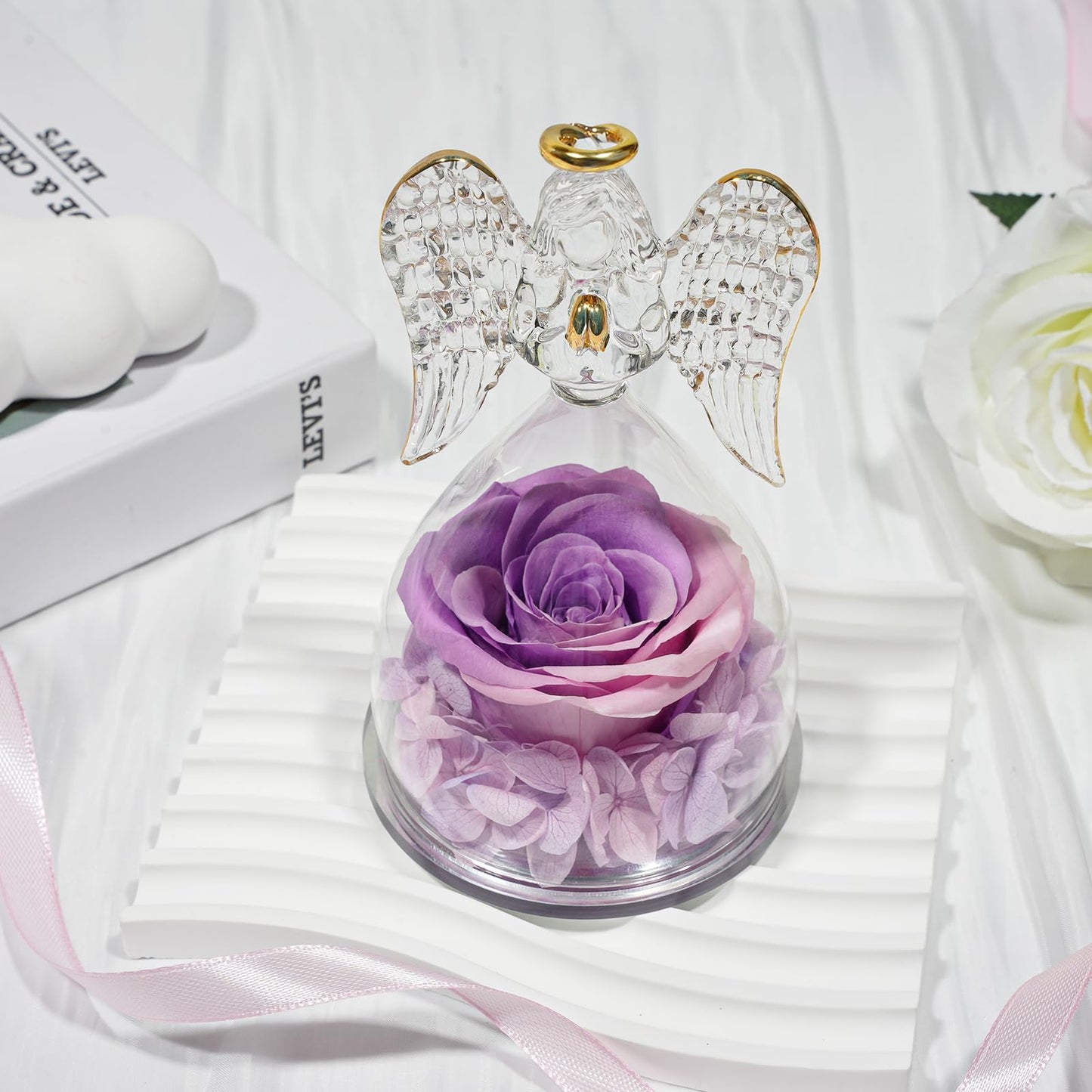 Sunia Preserved Flower Rose Birthday Gifts for Mom, Glass Angels Figurines Gifts for Women Grandma Mothers, Forever Real Flowers Unique Gifts for Valentine Mother's Day Anniversary Thanksgiving ﻿