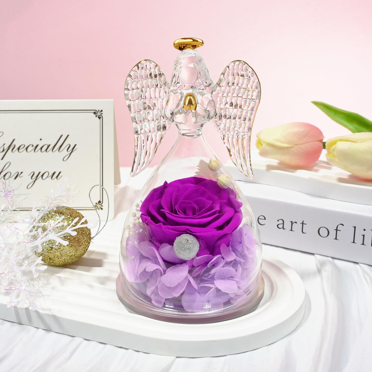 Sunia Preserved Flower Rose Birthday Gifts for Mom, Glass Angels Figurines Gifts for Women Grandma Mothers, Forever Real Flowers Unique Gifts for Valentine Mother's Day Anniversary Thanksgiving ﻿