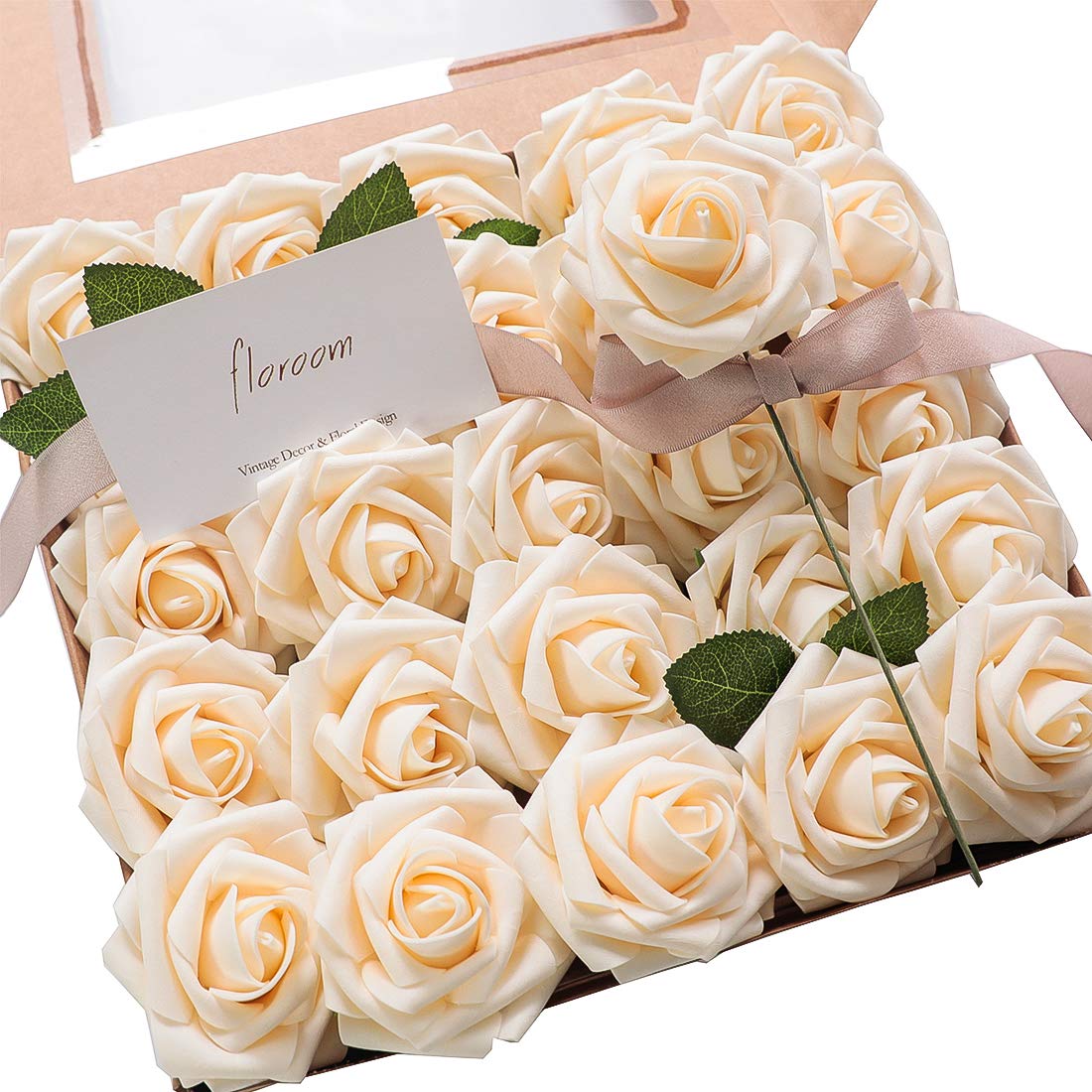 Floroom Artificial Flowers 25pcs Real Looking Ivory Foam Fake Roses with Stems for DIY Wedding Bouquets White Bridal Shower Centerpieces Arrangements Party Tables Decorations