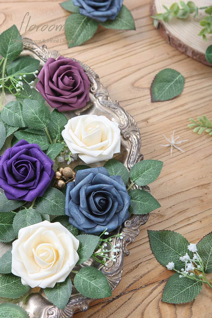 Floroom Artificial Flowers 25pcs Real Looking Ivory Foam Fake Roses with Stems for DIY Wedding Bouquets White Bridal Shower Centerpieces Arrangements Party Tables Decorations