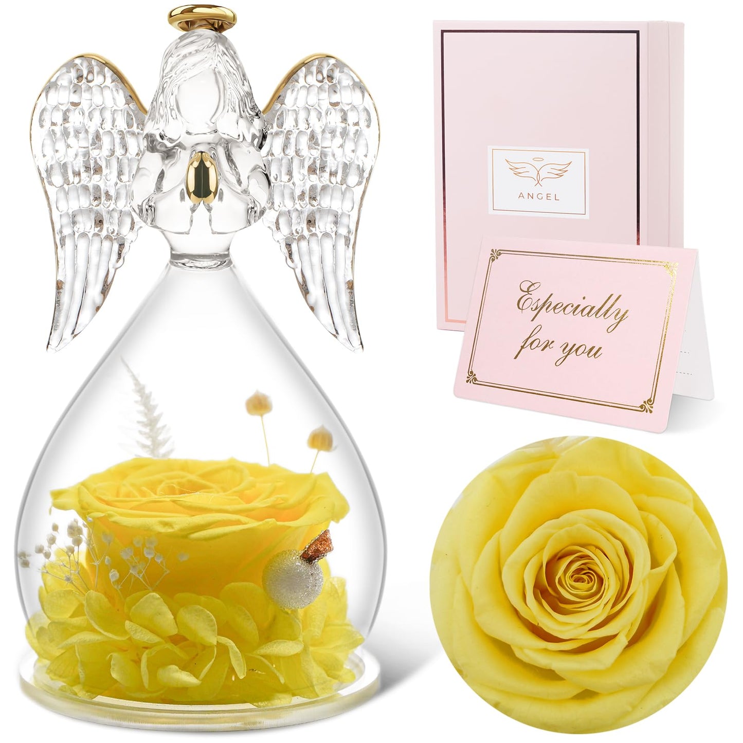 Sunia Preserved Flower Rose Birthday Gifts for Mom, Glass Angels Figurines Gifts for Women Grandma Mothers, Forever Real Flowers Unique Gifts for Valentine Mother's Day Anniversary Thanksgiving ﻿
