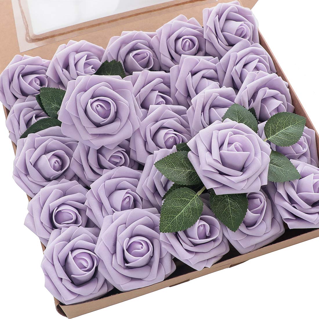 Floroom Artificial Flowers 25pcs Real Looking Ivory Foam Fake Roses with Stems for DIY Wedding Bouquets White Bridal Shower Centerpieces Arrangements Party Tables Decorations