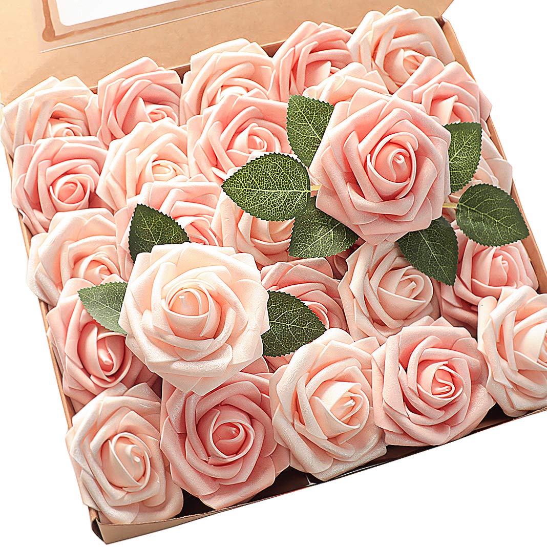 Floroom Artificial Flowers 25pcs Real Looking Ivory Foam Fake Roses with Stems for DIY Wedding Bouquets White Bridal Shower Centerpieces Arrangements Party Tables Decorations