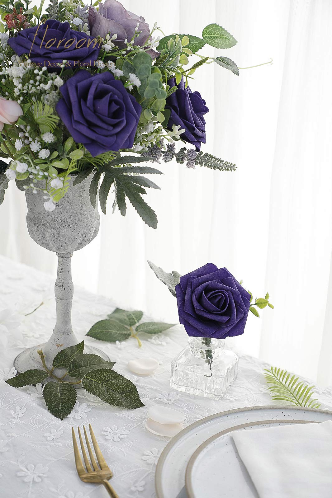 Floroom Artificial Flowers 25pcs Real Looking Ivory Foam Fake Roses with Stems for DIY Wedding Bouquets White Bridal Shower Centerpieces Arrangements Party Tables Decorations