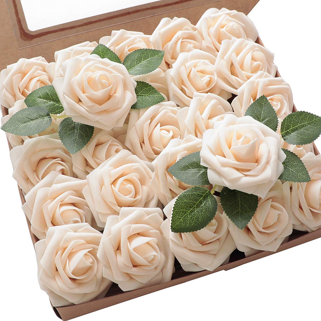 Floroom Artificial Flowers 25pcs Real Looking Ivory Foam Fake Roses with Stems for DIY Wedding Bouquets White Bridal Shower Centerpieces Arrangements Party Tables Decorations