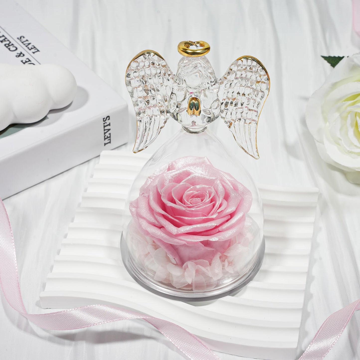 Sunia Preserved Flower Rose Birthday Gifts for Mom, Glass Angels Figurines Gifts for Women Grandma Mothers, Forever Real Flowers Unique Gifts for Valentine Mother's Day Anniversary Thanksgiving ﻿