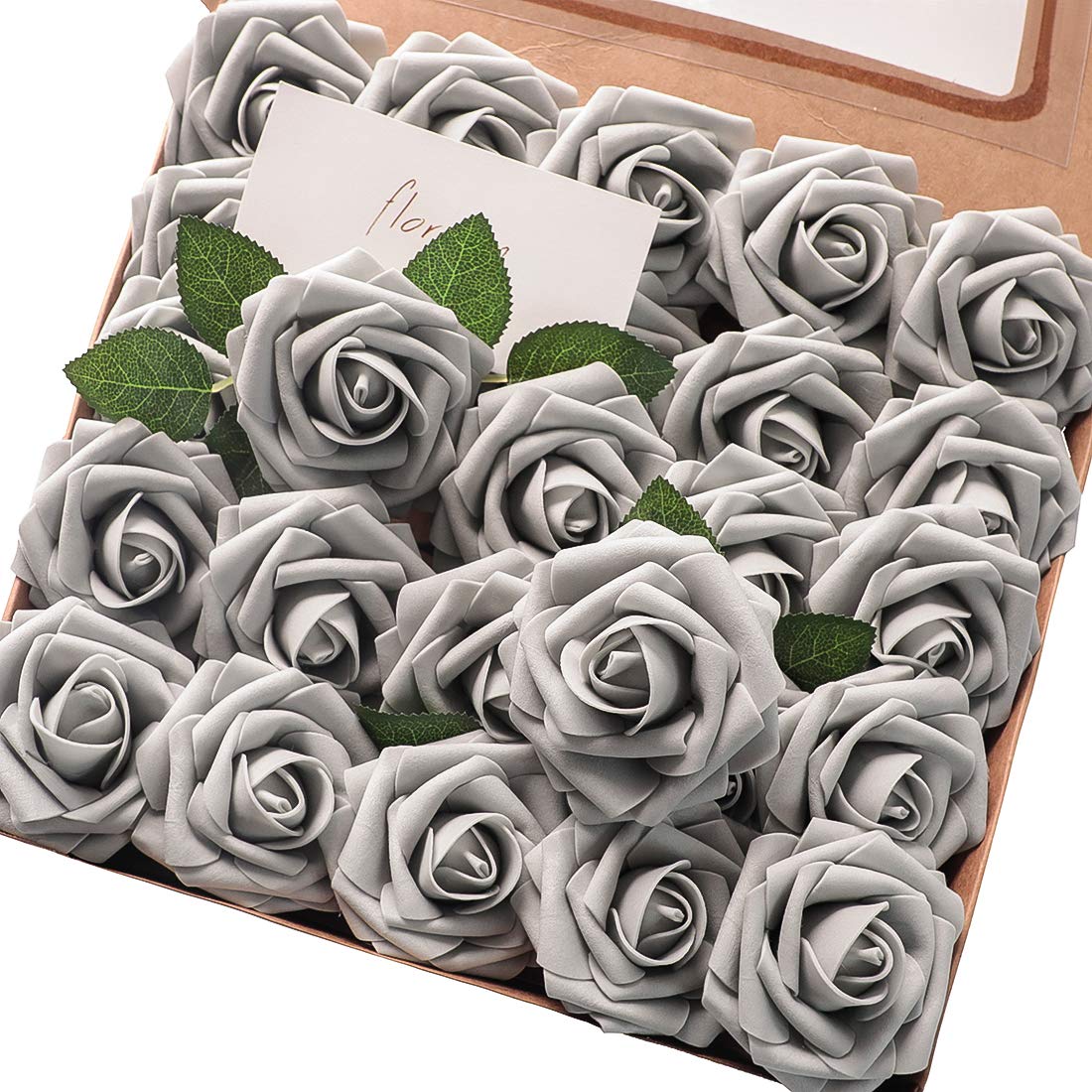 Floroom Artificial Flowers 25pcs Real Looking Ivory Foam Fake Roses with Stems for DIY Wedding Bouquets White Bridal Shower Centerpieces Arrangements Party Tables Decorations