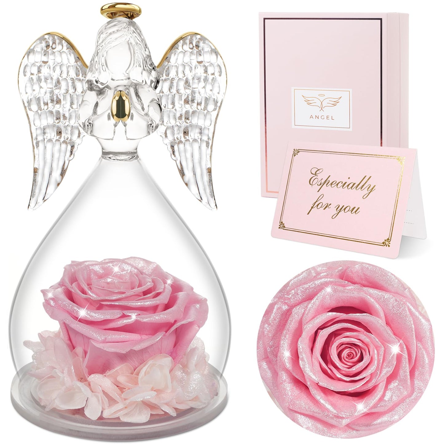 Sunia Preserved Flower Rose Birthday Gifts for Mom, Glass Angels Figurines Gifts for Women Grandma Mothers, Forever Real Flowers Unique Gifts for Valentine Mother's Day Anniversary Thanksgiving ﻿