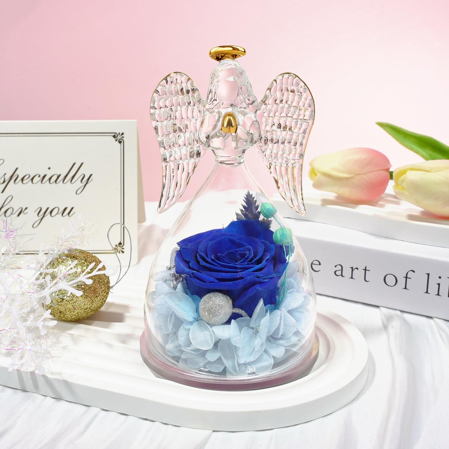 Sunia Preserved Flower Rose Birthday Gifts for Mom, Glass Angels Figurines Gifts for Women Grandma Mothers, Forever Real Flowers Unique Gifts for Valentine Mother's Day Anniversary Thanksgiving ﻿