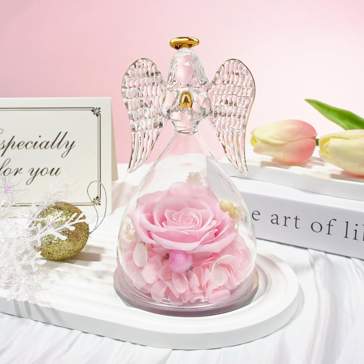 Sunia Preserved Flower Rose Birthday Gifts for Mom, Glass Angels Figurines Gifts for Women Grandma Mothers, Forever Real Flowers Unique Gifts for Valentine Mother's Day Anniversary Thanksgiving ﻿