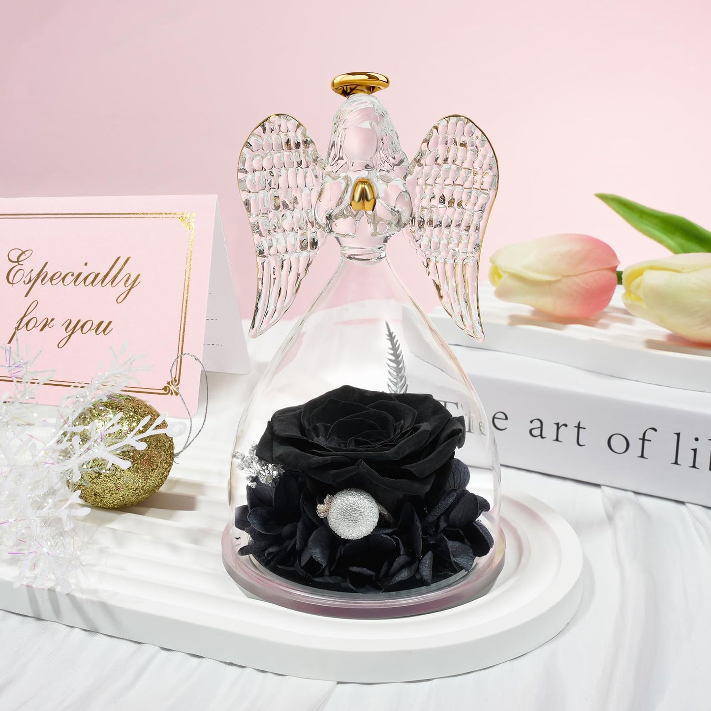 Sunia Preserved Flower Rose Birthday Gifts for Mom, Glass Angels Figurines Gifts for Women Grandma Mothers, Forever Real Flowers Unique Gifts for Valentine Mother's Day Anniversary Thanksgiving ﻿