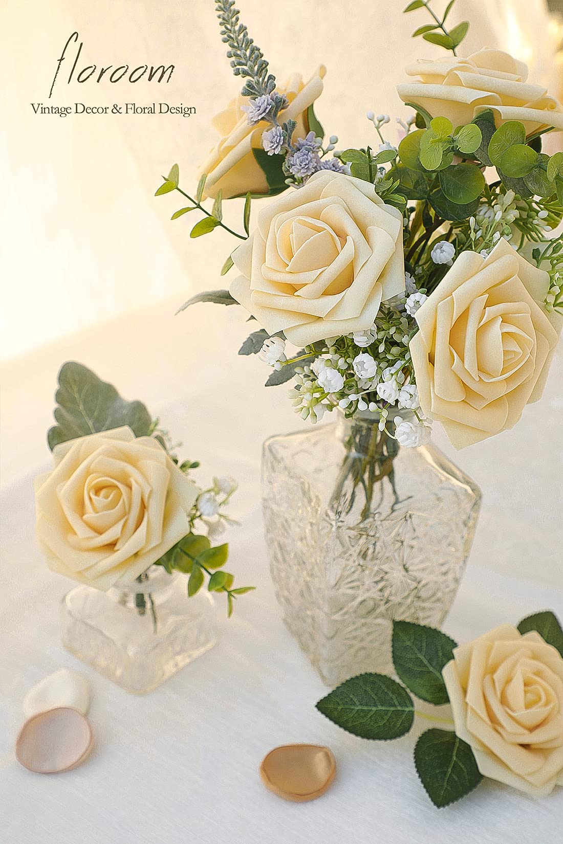 Floroom Artificial Flowers 25pcs Real Looking Ivory Foam Fake Roses with Stems for DIY Wedding Bouquets White Bridal Shower Centerpieces Arrangements Party Tables Decorations