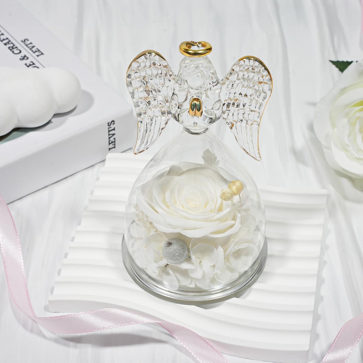 Sunia Preserved Flower Rose Birthday Gifts for Mom, Glass Angels Figurines Gifts for Women Grandma Mothers, Forever Real Flowers Unique Gifts for Valentine Mother's Day Anniversary Thanksgiving ﻿