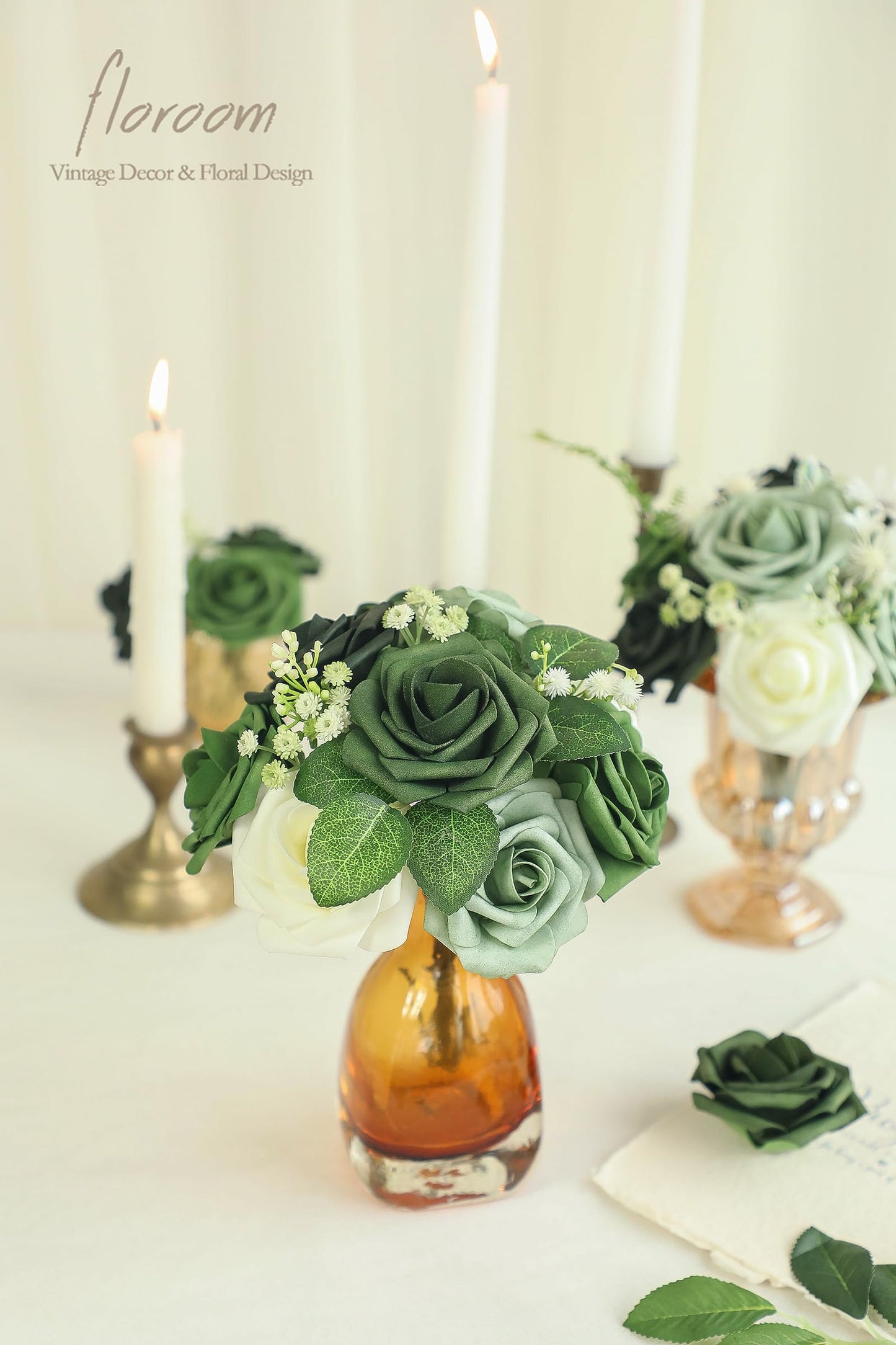 Floroom Artificial Flowers 25pcs Real Looking Ivory Foam Fake Roses with Stems for DIY Wedding Bouquets White Bridal Shower Centerpieces Arrangements Party Tables Decorations
