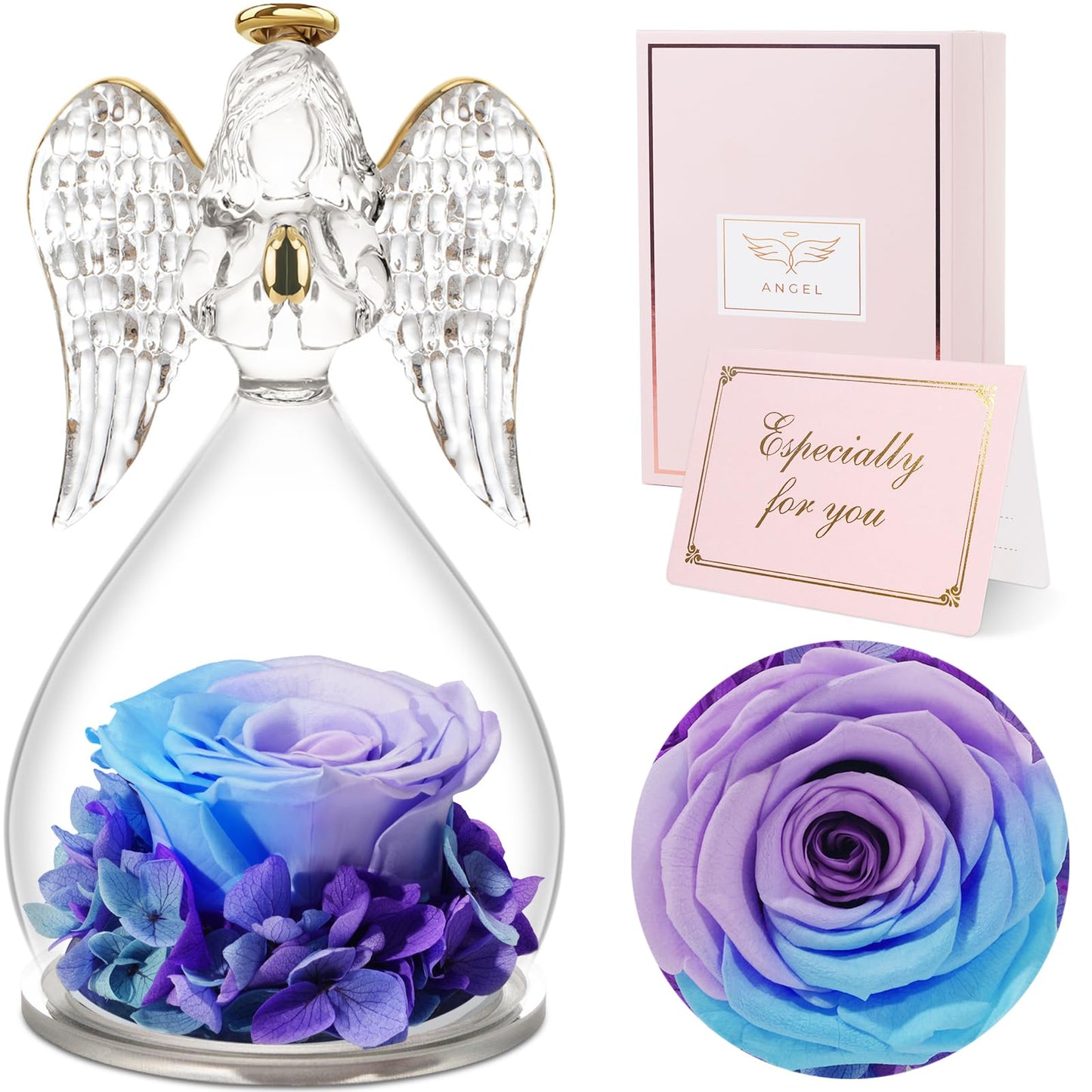 Sunia Preserved Flower Rose Birthday Gifts for Mom, Glass Angels Figurines Gifts for Women Grandma Mothers, Forever Real Flowers Unique Gifts for Valentine Mother's Day Anniversary Thanksgiving ﻿