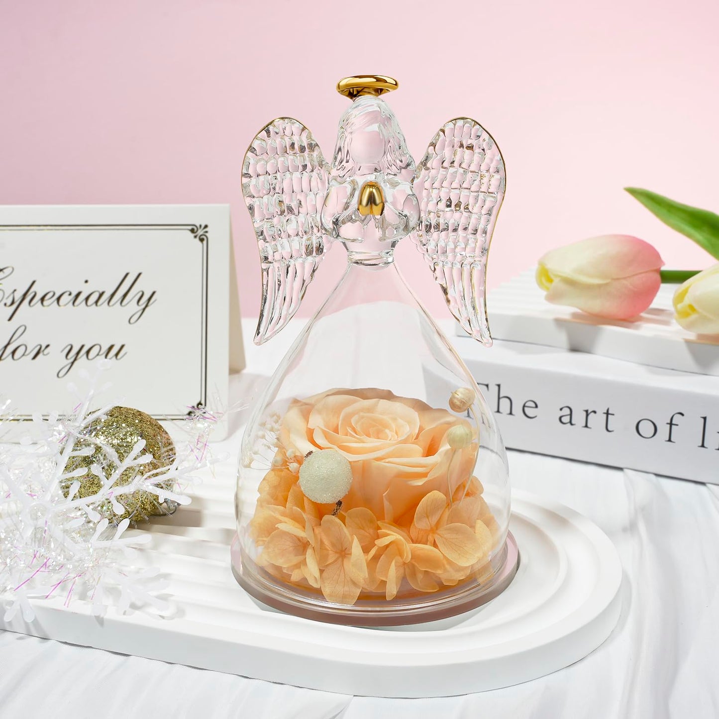 Sunia Preserved Flower Rose Birthday Gifts for Mom, Glass Angels Figurines Gifts for Women Grandma Mothers, Forever Real Flowers Unique Gifts for Valentine Mother's Day Anniversary Thanksgiving ﻿