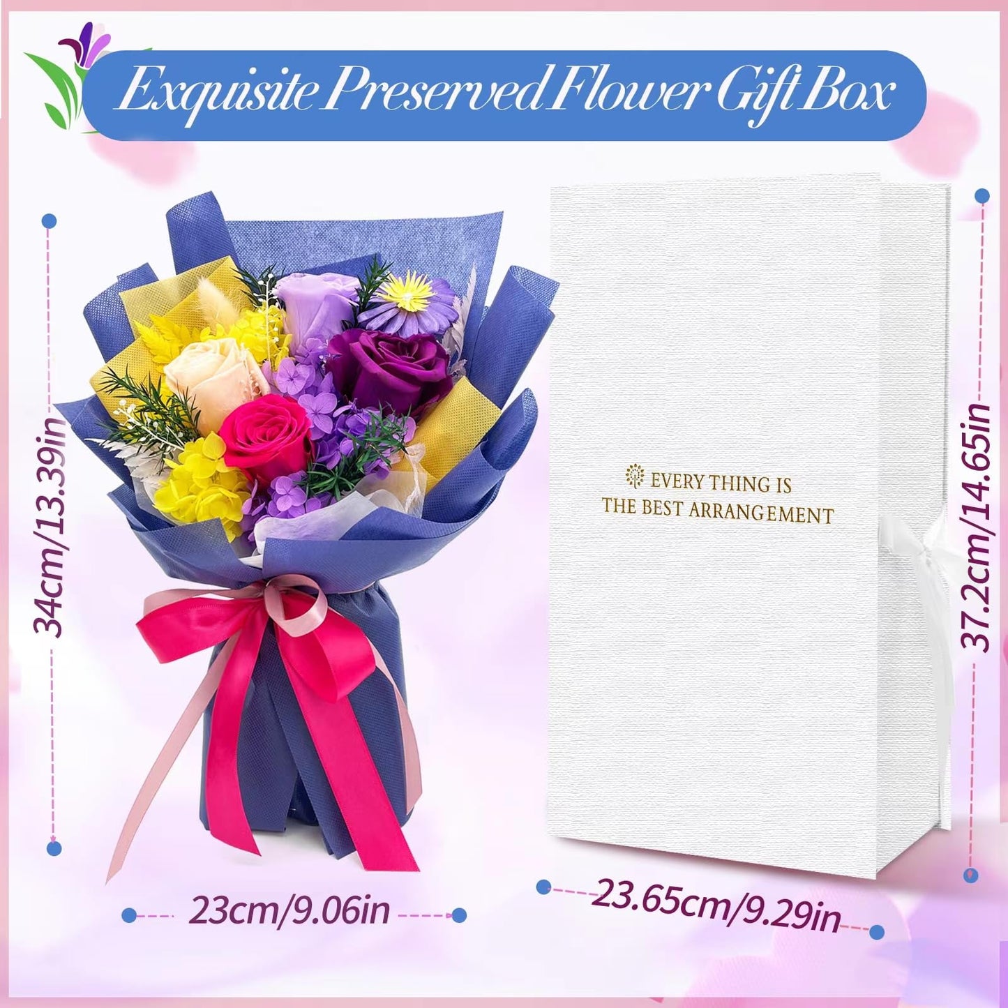 QOEAZY Preserved Flowers Bouquet with Gift Box, Purple Flowers for Delivery Prime, Birthday Flowers for Women Mom Grandma, Flowers Gifts for Valentine's Day, Mother's Day, Anniversary, Christmas