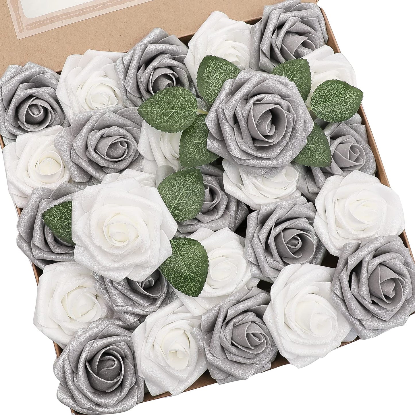 Floroom Artificial Flowers 25pcs Real Looking Ivory Foam Fake Roses with Stems for DIY Wedding Bouquets White Bridal Shower Centerpieces Arrangements Party Tables Decorations