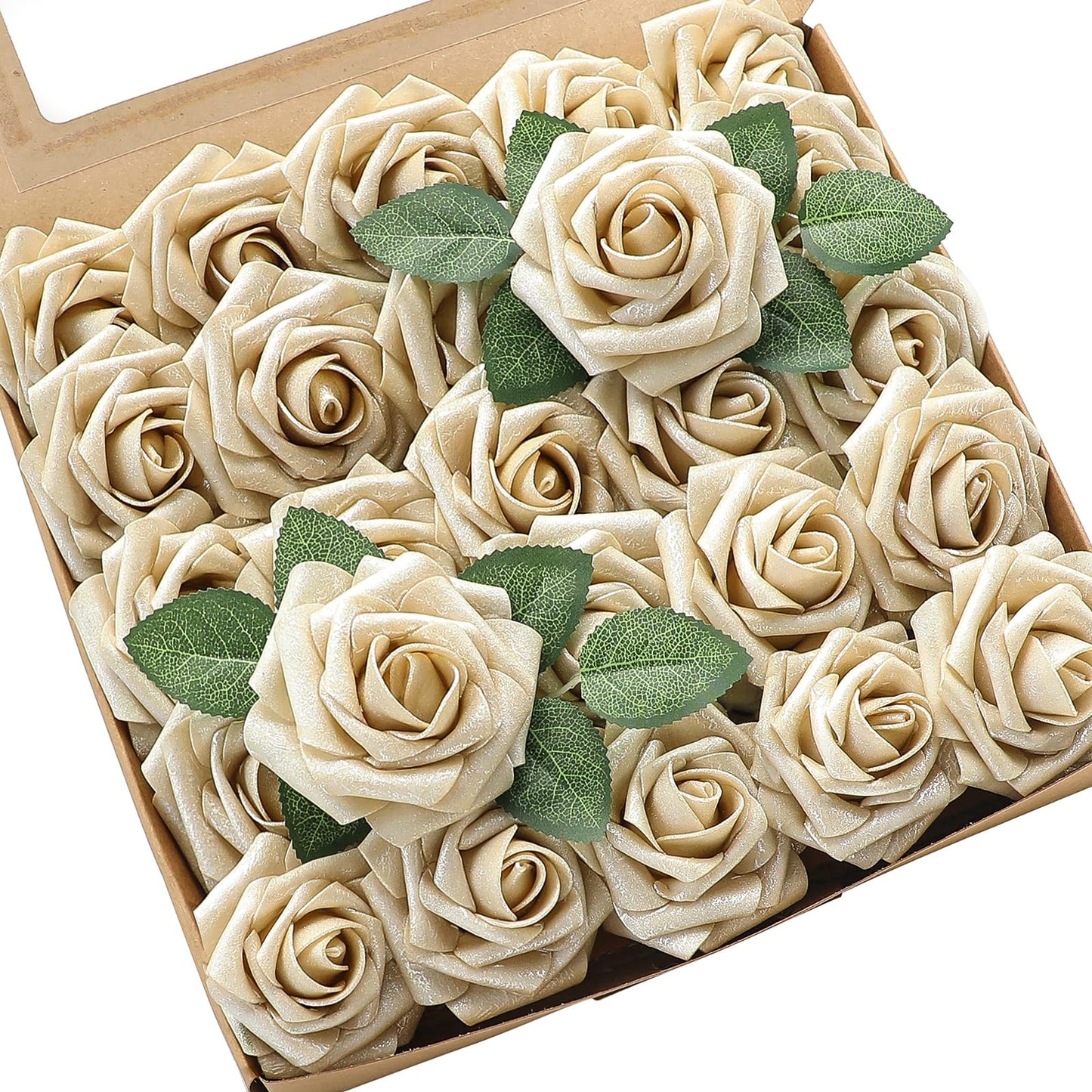 Floroom Artificial Flowers 25pcs Real Looking Ivory Foam Fake Roses with Stems for DIY Wedding Bouquets White Bridal Shower Centerpieces Arrangements Party Tables Decorations