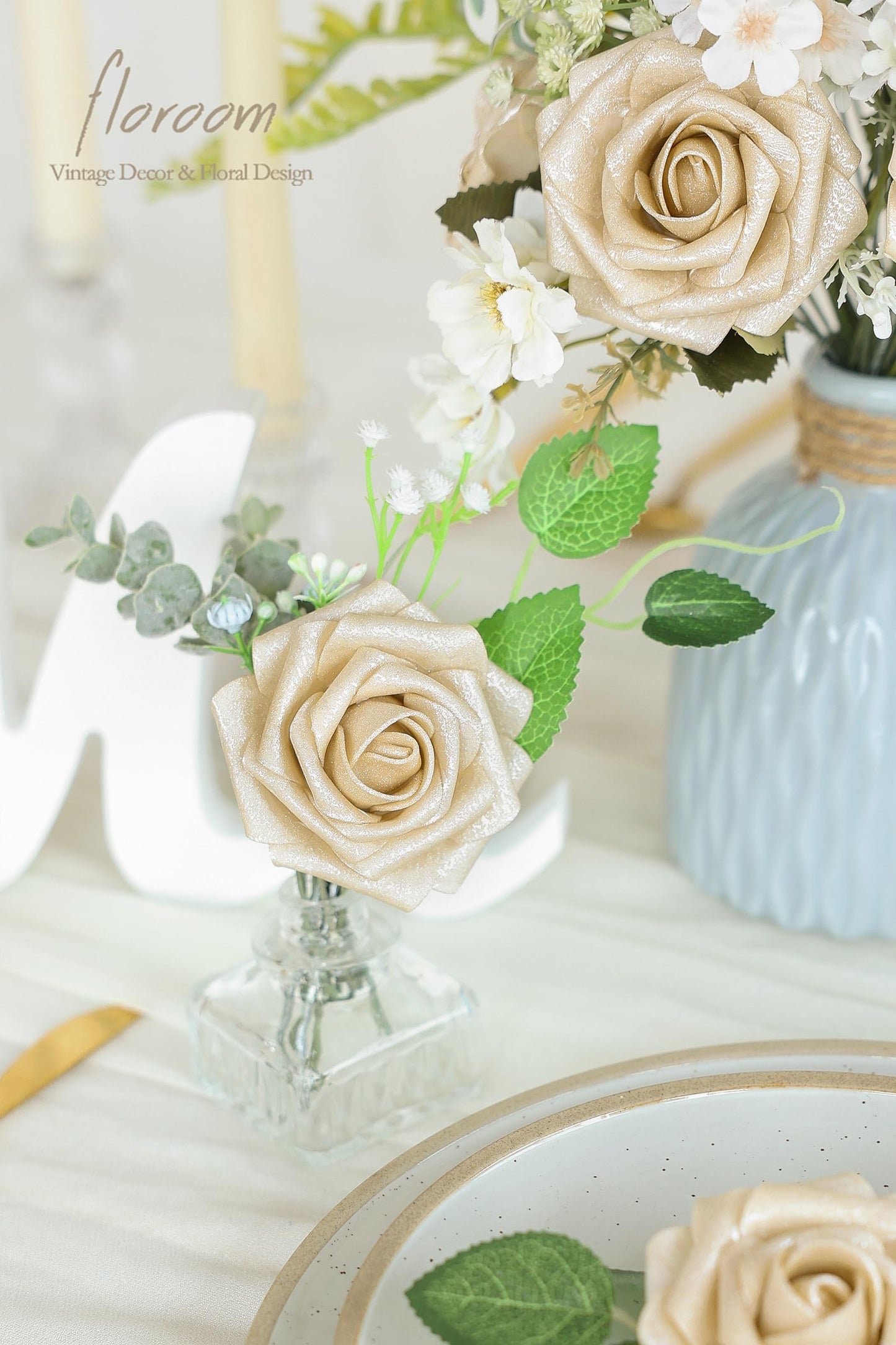 Floroom Artificial Flowers 25pcs Real Looking Ivory Foam Fake Roses with Stems for DIY Wedding Bouquets White Bridal Shower Centerpieces Arrangements Party Tables Decorations