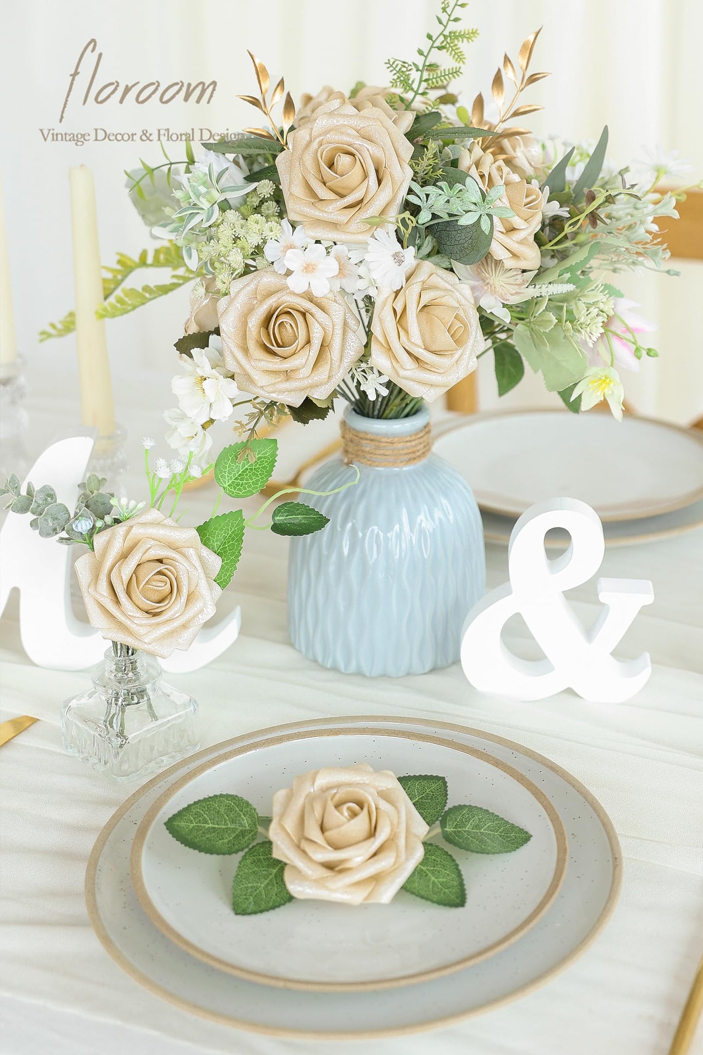Floroom Artificial Flowers 25pcs Real Looking Ivory Foam Fake Roses with Stems for DIY Wedding Bouquets White Bridal Shower Centerpieces Arrangements Party Tables Decorations