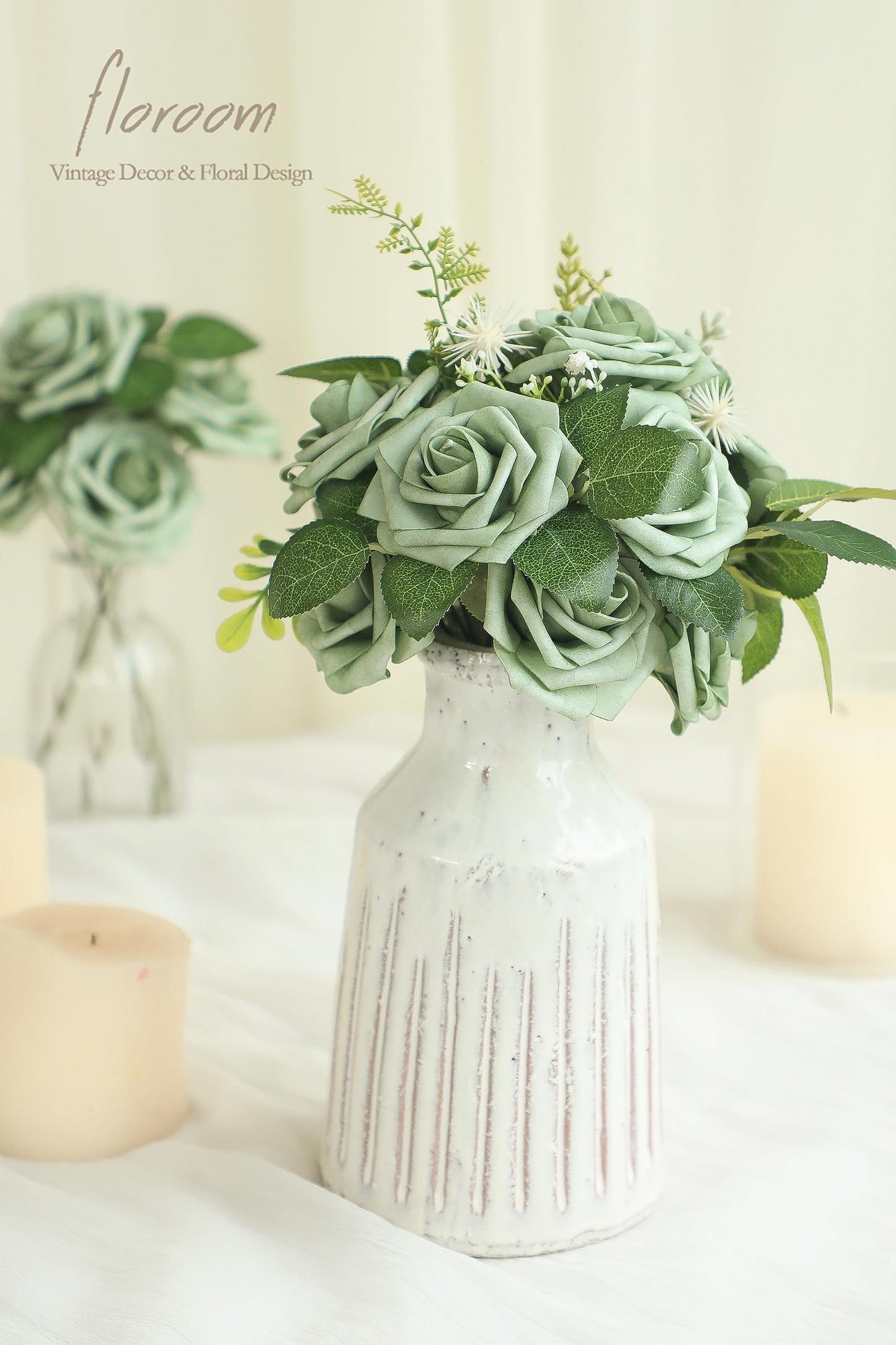 Floroom Artificial Flowers 25pcs Real Looking Ivory Foam Fake Roses with Stems for DIY Wedding Bouquets White Bridal Shower Centerpieces Arrangements Party Tables Decorations