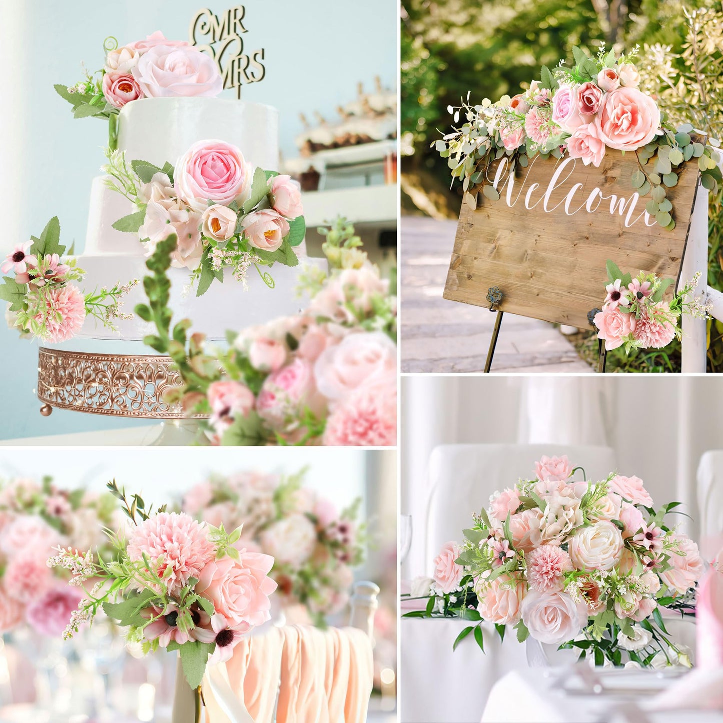 Rose Artificial Flowers Combo Fake Flowers Pink Roses Silk Flowers with Stems for DIY Bridal Wedding Bouquets Centerpieces Arrangements Table Party Baby Shower Home Decor (Champagne Pink)