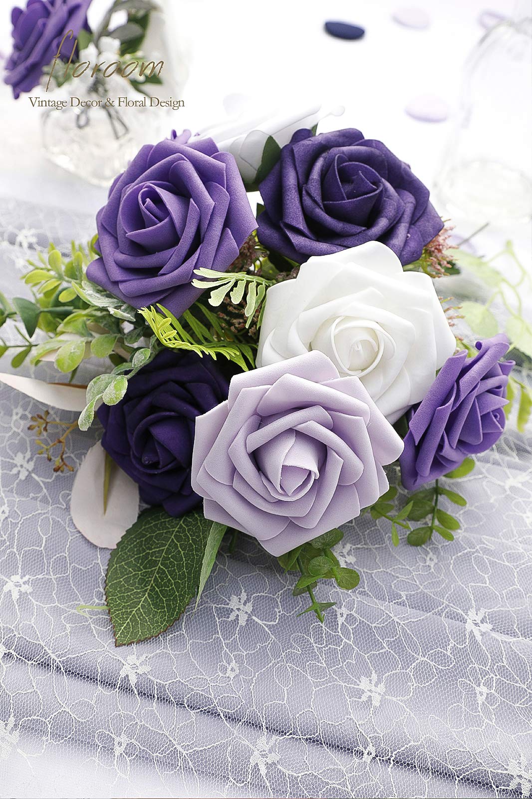 Floroom Artificial Flowers 25pcs Real Looking Ivory Foam Fake Roses with Stems for DIY Wedding Bouquets White Bridal Shower Centerpieces Arrangements Party Tables Decorations