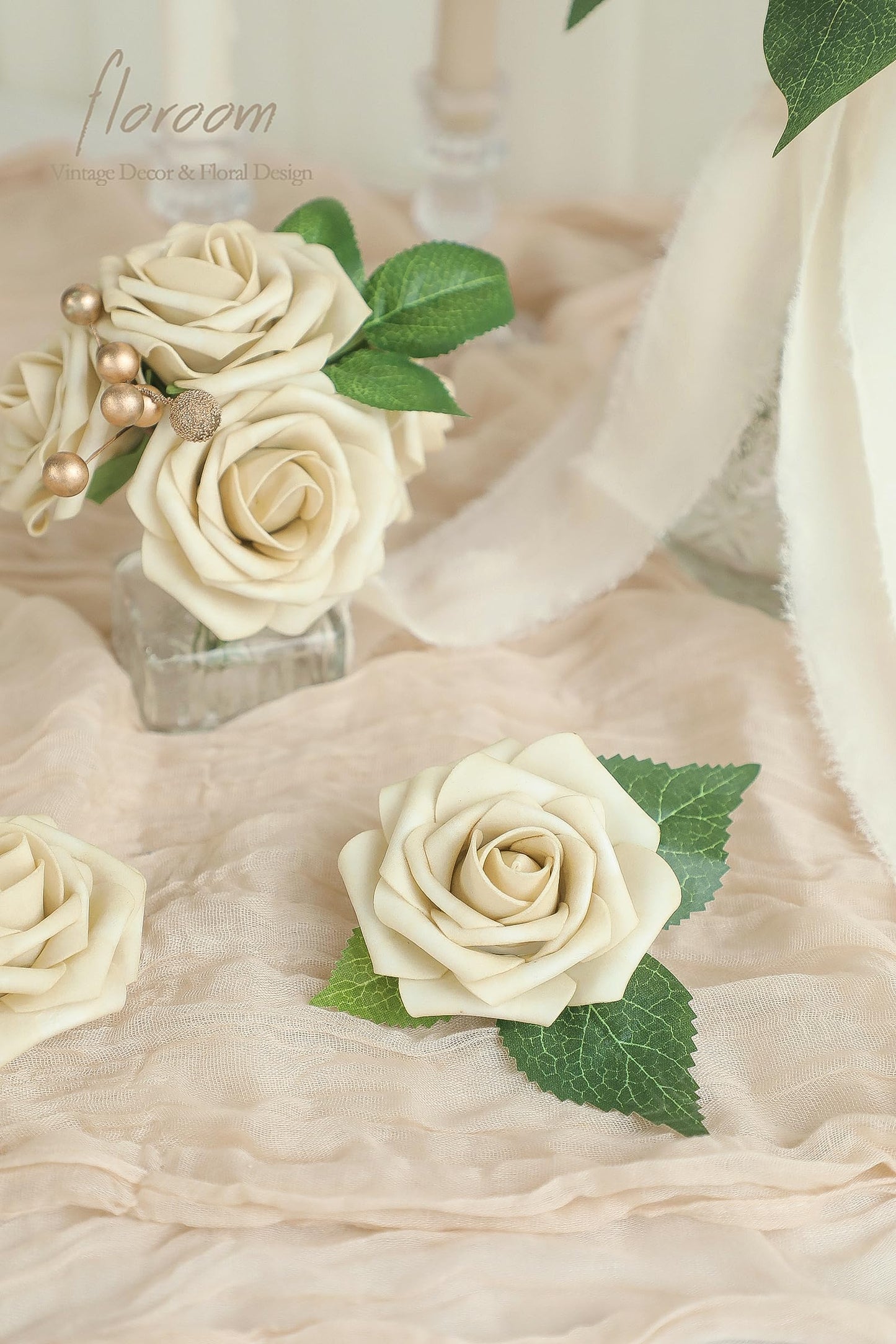 Floroom Artificial Flowers 25pcs Real Looking Ivory Foam Fake Roses with Stems for DIY Wedding Bouquets White Bridal Shower Centerpieces Arrangements Party Tables Decorations