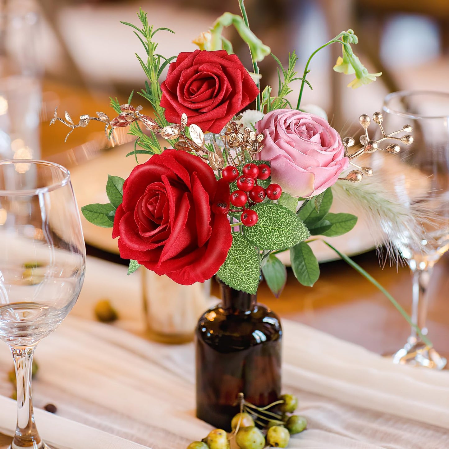 Rose Artificial Flowers Combo Fake Flowers Pink Roses Silk Flowers with Stems for DIY Bridal Wedding Bouquets Centerpieces Arrangements Table Party Baby Shower Home Decor (Champagne Pink)