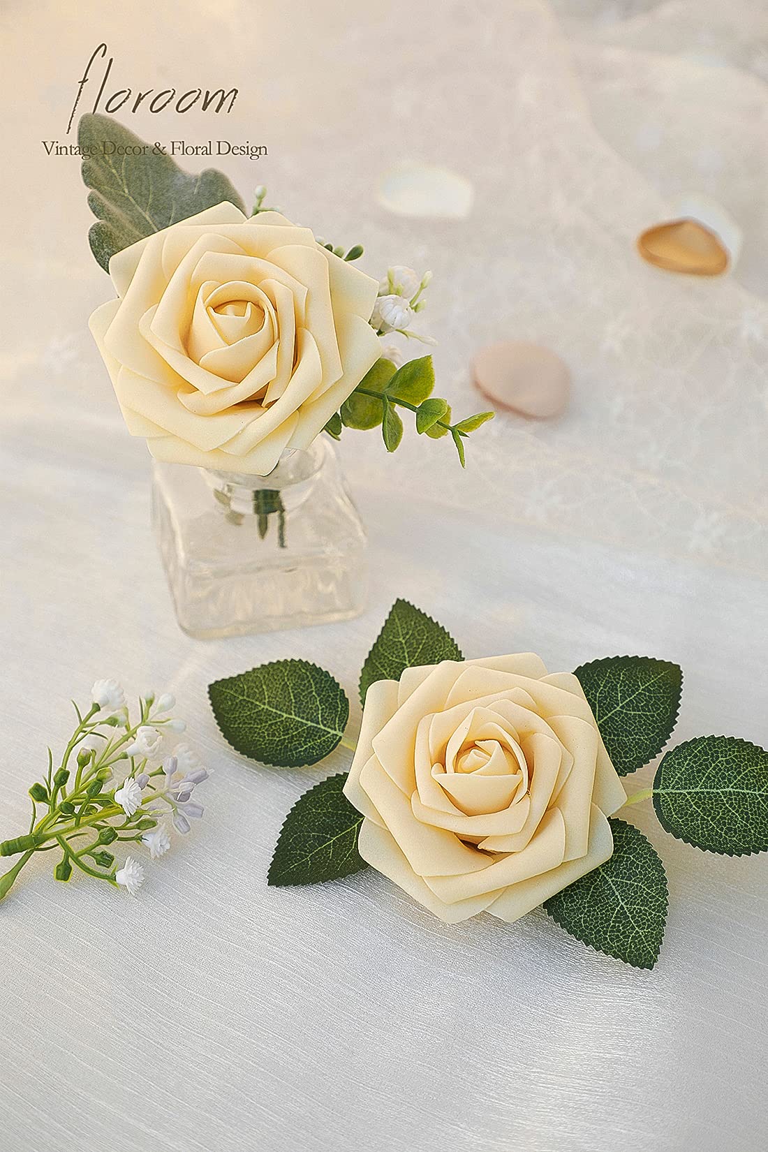 Floroom Artificial Flowers 25pcs Real Looking Ivory Foam Fake Roses with Stems for DIY Wedding Bouquets White Bridal Shower Centerpieces Arrangements Party Tables Decorations
