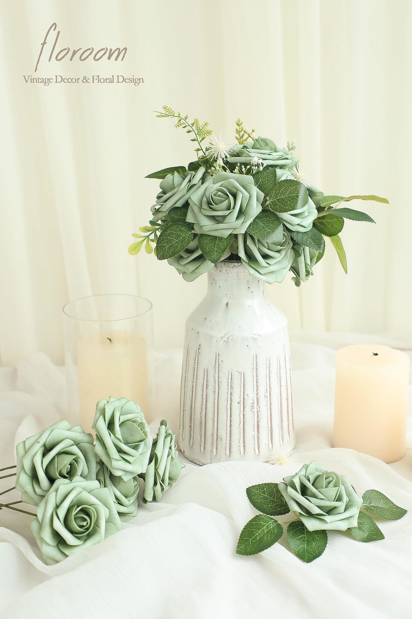 Floroom Artificial Flowers 25pcs Real Looking Ivory Foam Fake Roses with Stems for DIY Wedding Bouquets White Bridal Shower Centerpieces Arrangements Party Tables Decorations