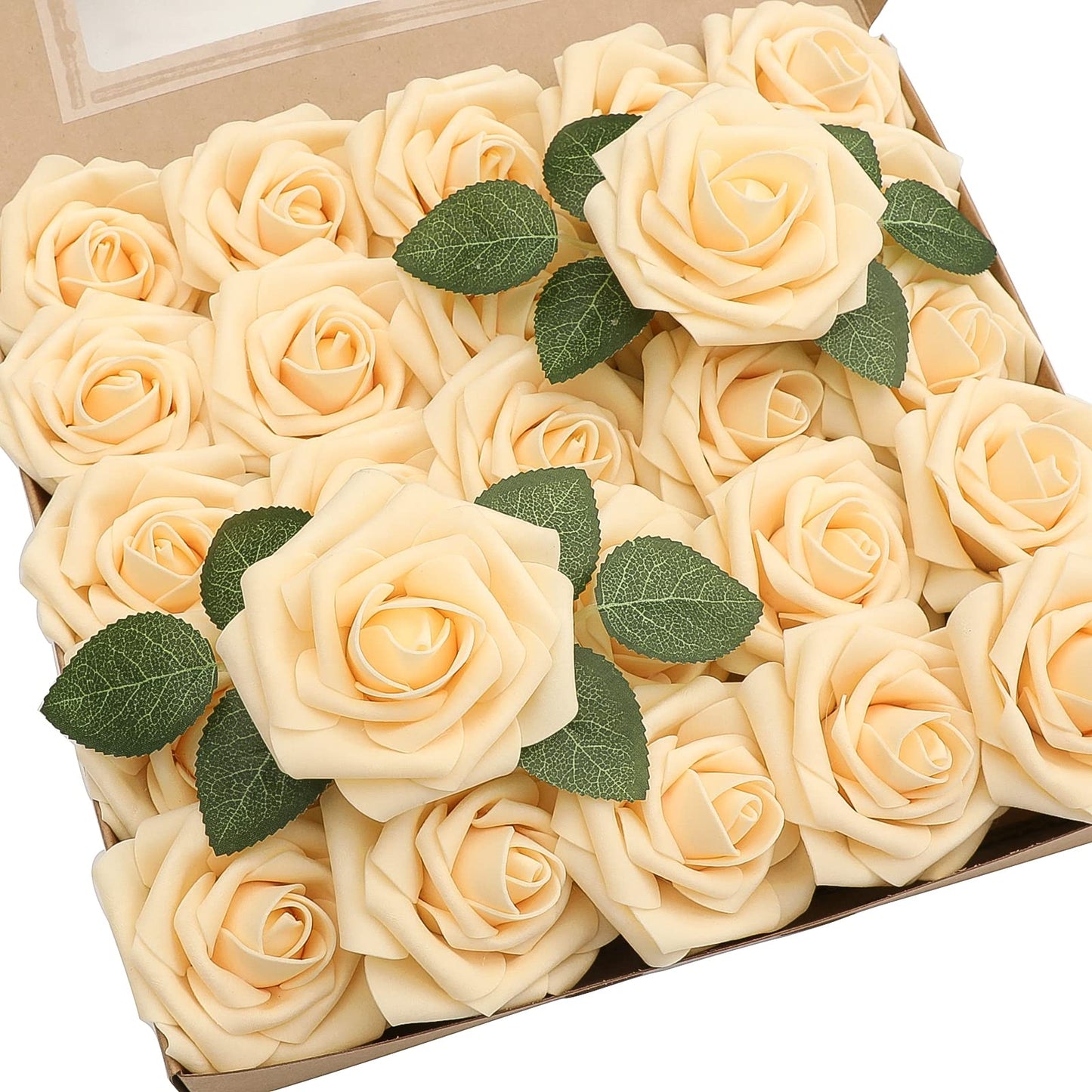 Floroom Artificial Flowers 25pcs Real Looking Ivory Foam Fake Roses with Stems for DIY Wedding Bouquets White Bridal Shower Centerpieces Arrangements Party Tables Decorations