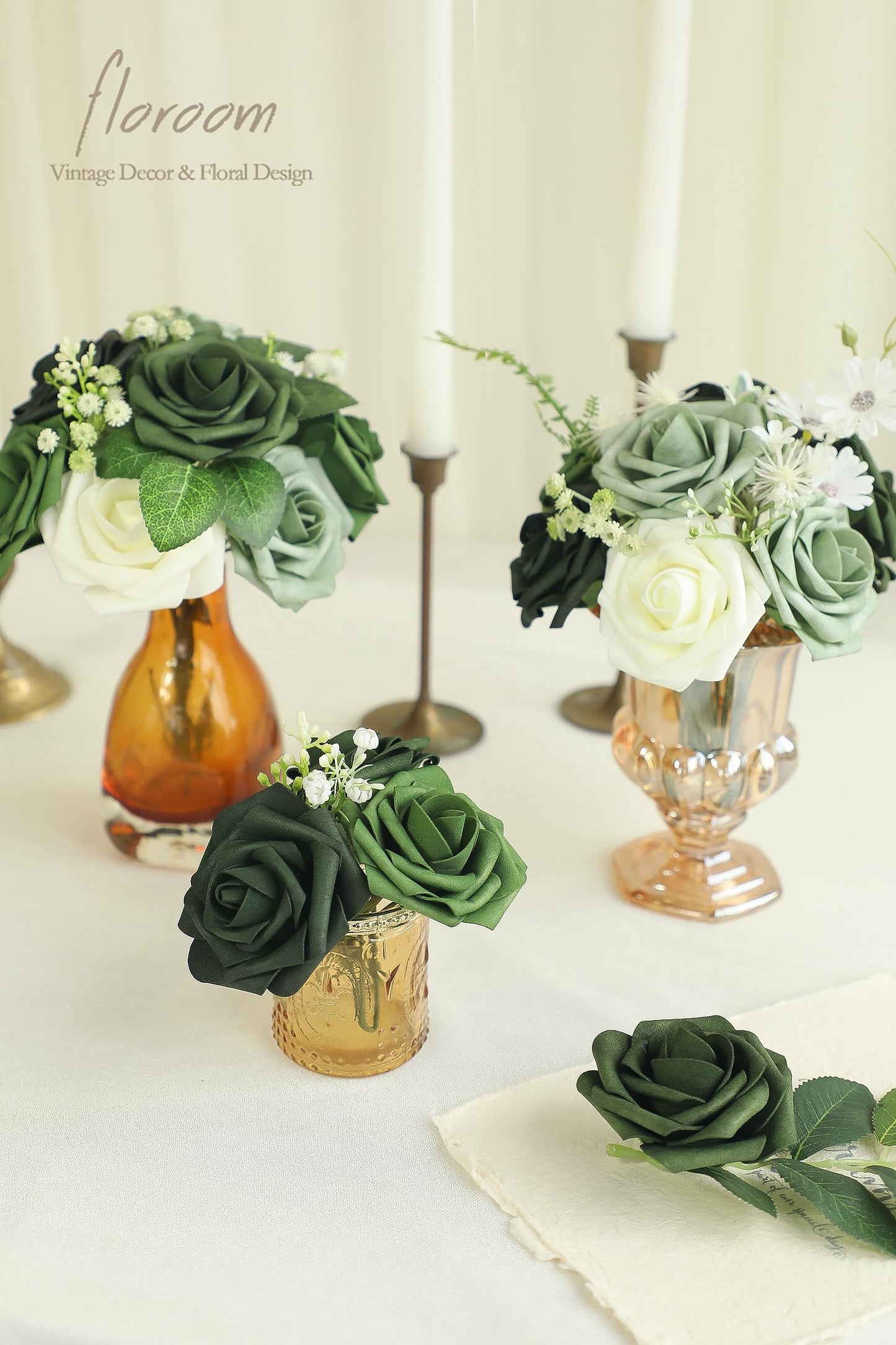 Floroom Artificial Flowers 25pcs Real Looking Ivory Foam Fake Roses with Stems for DIY Wedding Bouquets White Bridal Shower Centerpieces Arrangements Party Tables Decorations