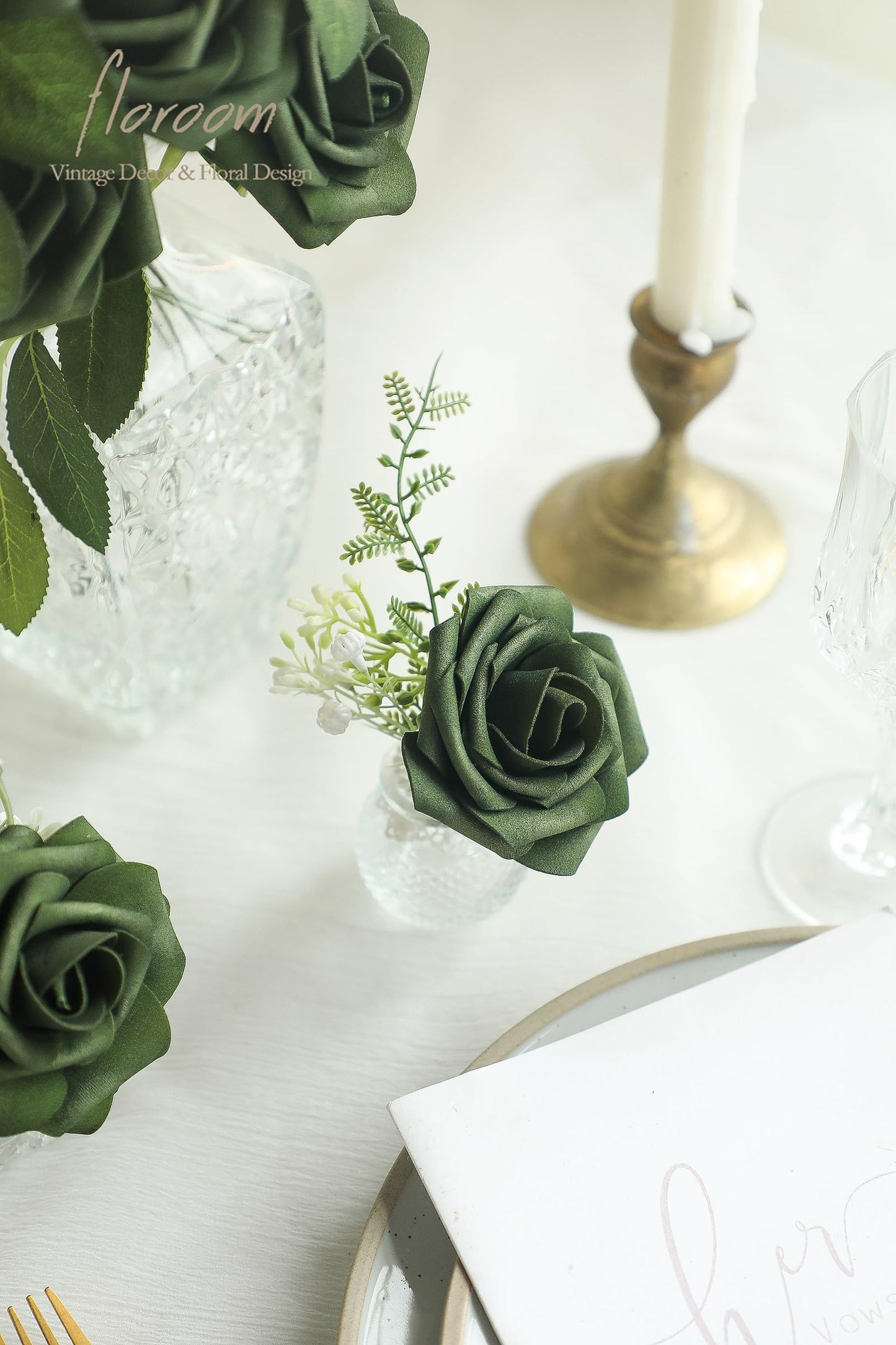 Floroom Artificial Flowers 25pcs Real Looking Ivory Foam Fake Roses with Stems for DIY Wedding Bouquets White Bridal Shower Centerpieces Arrangements Party Tables Decorations