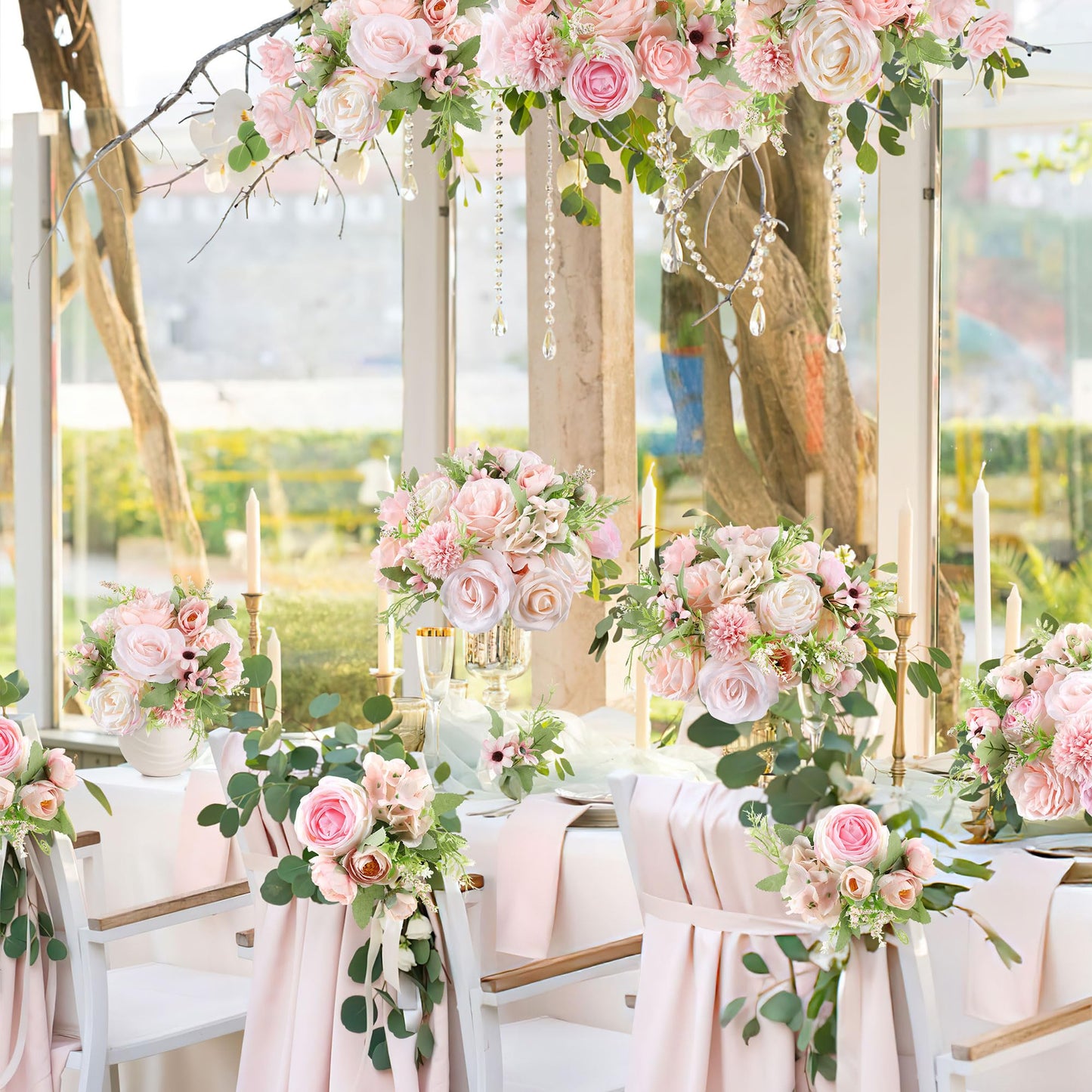 Rose Artificial Flowers Combo Fake Flowers Pink Roses Silk Flowers with Stems for DIY Bridal Wedding Bouquets Centerpieces Arrangements Table Party Baby Shower Home Decor (Champagne Pink)