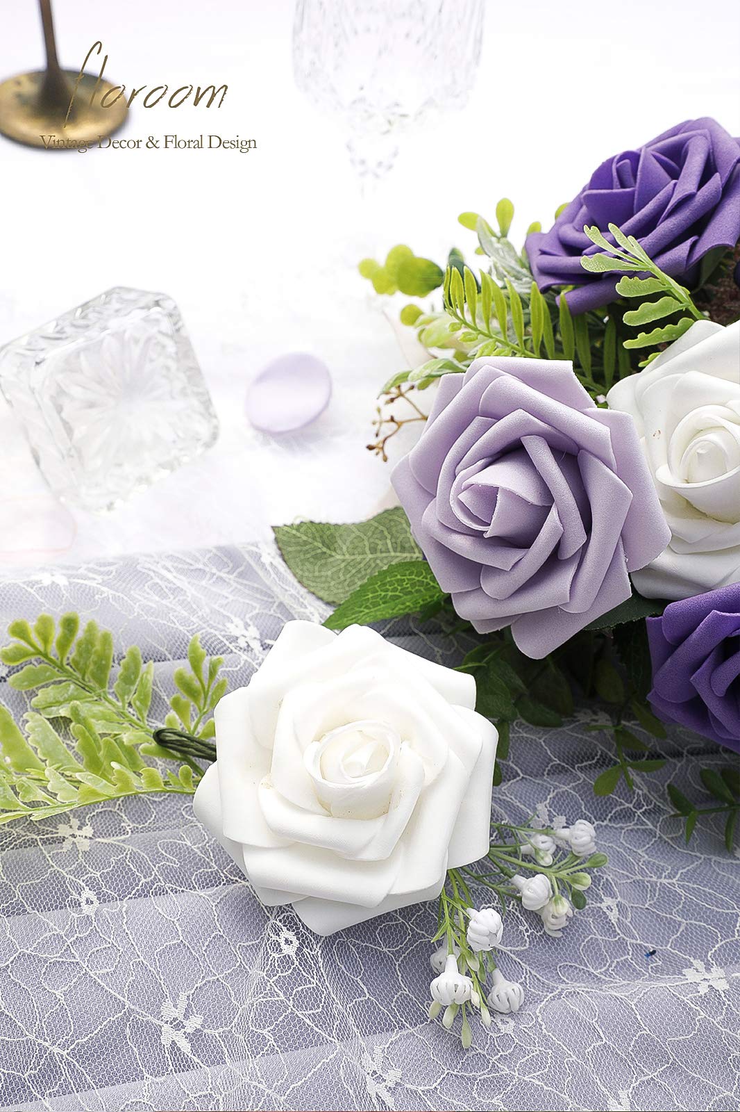 Floroom Artificial Flowers 25pcs Real Looking Ivory Foam Fake Roses with Stems for DIY Wedding Bouquets White Bridal Shower Centerpieces Arrangements Party Tables Decorations