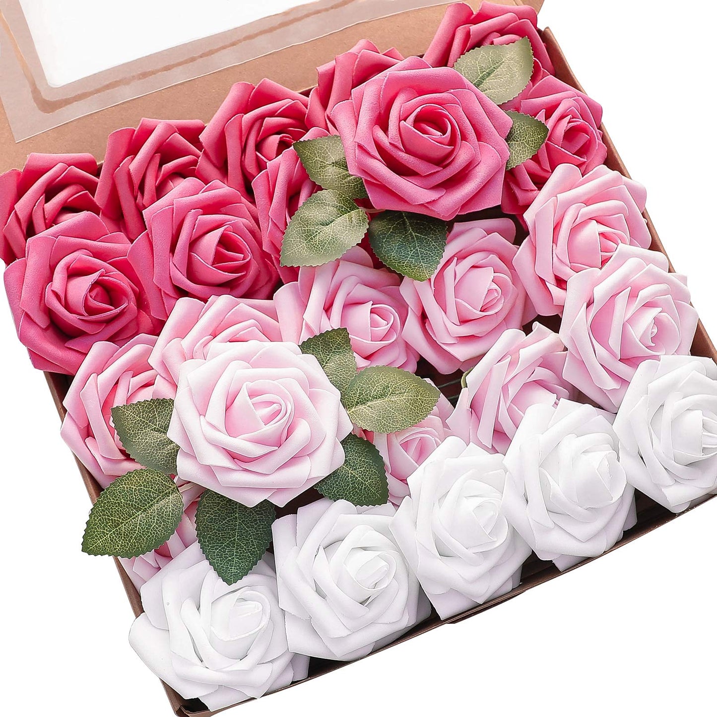 Floroom Artificial Flowers 25pcs Real Looking Ivory Foam Fake Roses with Stems for DIY Wedding Bouquets White Bridal Shower Centerpieces Arrangements Party Tables Decorations
