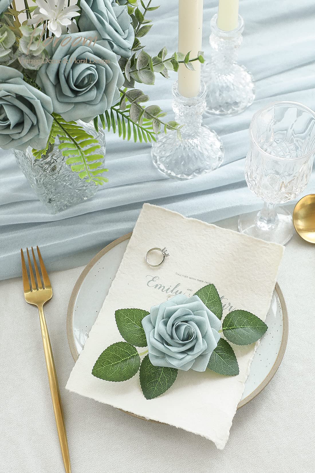 Floroom Artificial Flowers 25pcs Real Looking Ivory Foam Fake Roses with Stems for DIY Wedding Bouquets White Bridal Shower Centerpieces Arrangements Party Tables Decorations