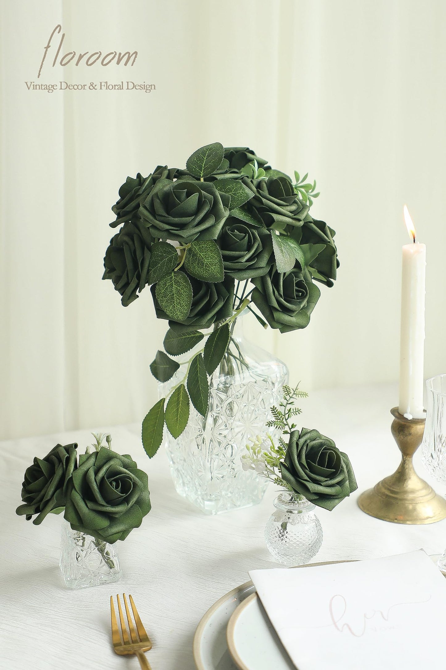 Floroom Artificial Flowers 25pcs Real Looking Ivory Foam Fake Roses with Stems for DIY Wedding Bouquets White Bridal Shower Centerpieces Arrangements Party Tables Decorations