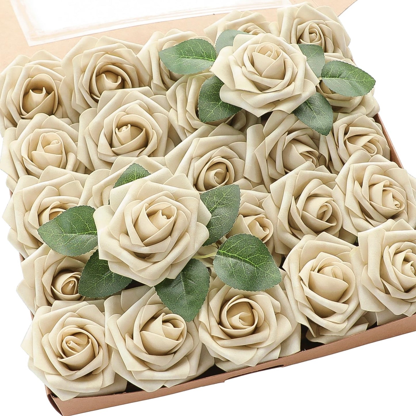 Floroom Artificial Flowers 25pcs Real Looking Ivory Foam Fake Roses with Stems for DIY Wedding Bouquets White Bridal Shower Centerpieces Arrangements Party Tables Decorations
