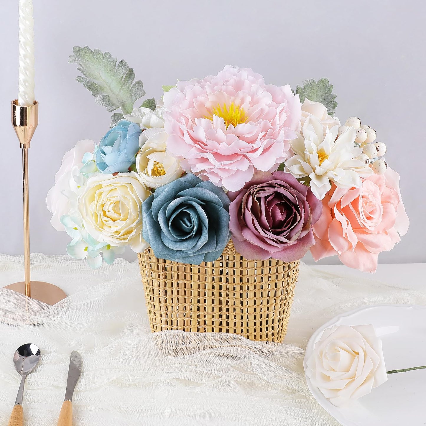 Rose Artificial Flowers Combo Fake Flowers Pink Roses Silk Flowers with Stems for DIY Bridal Wedding Bouquets Centerpieces Arrangements Table Party Baby Shower Home Decor (Champagne Pink)
