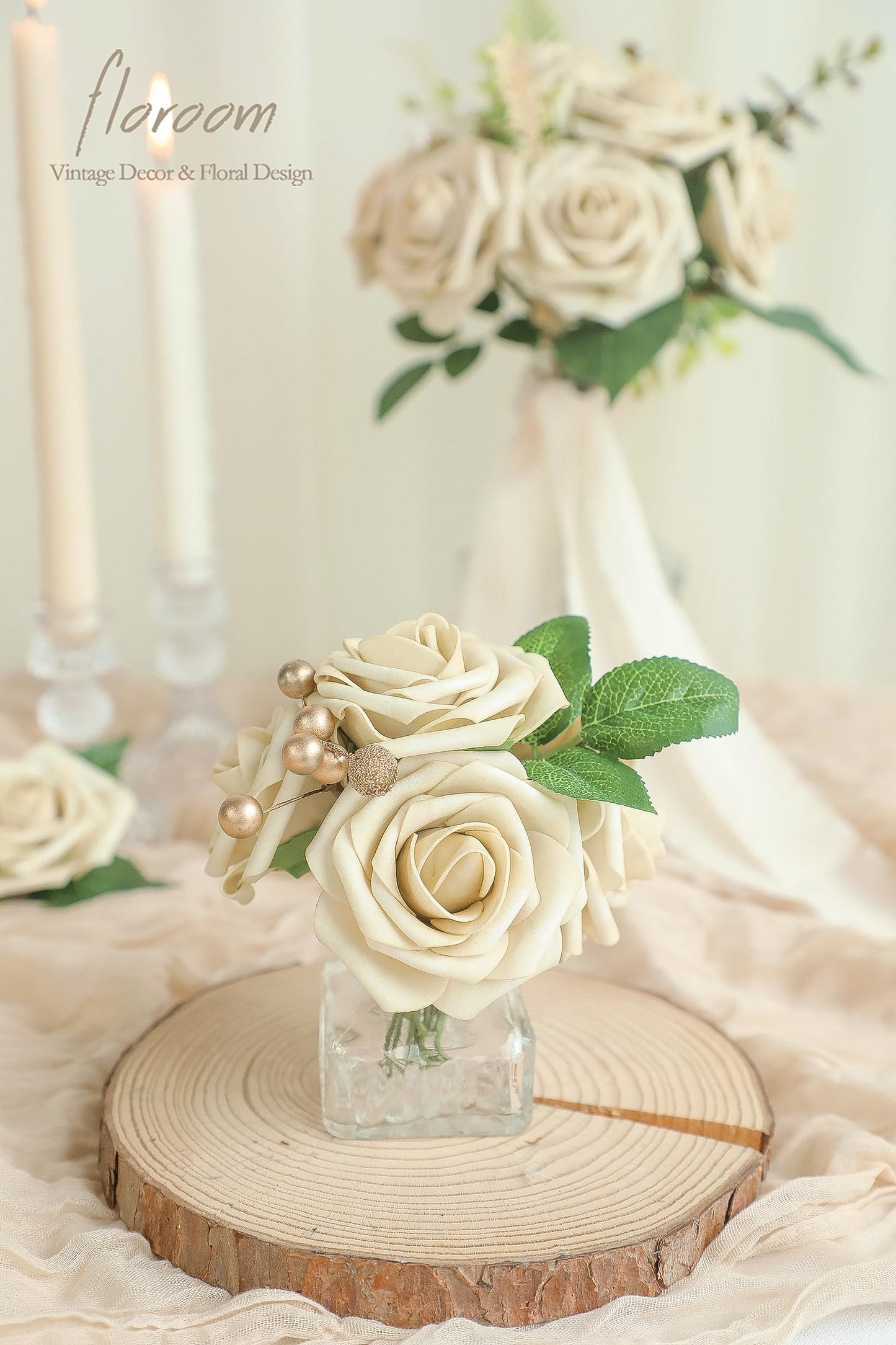Floroom Artificial Flowers 25pcs Real Looking Ivory Foam Fake Roses with Stems for DIY Wedding Bouquets White Bridal Shower Centerpieces Arrangements Party Tables Decorations