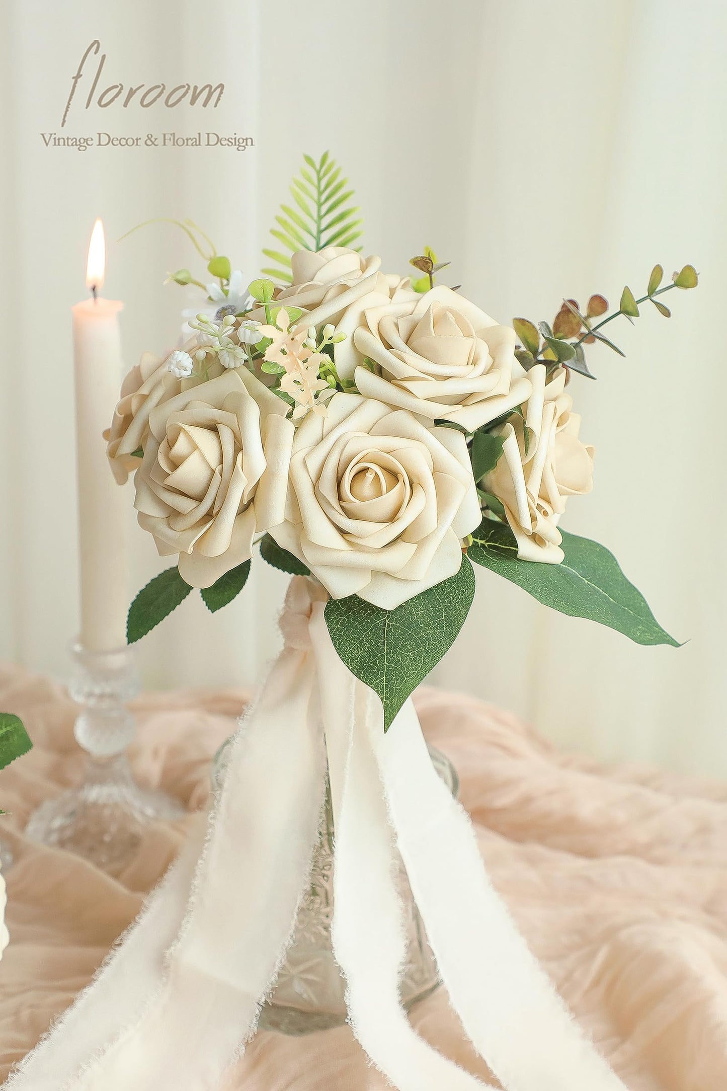 Floroom Artificial Flowers 25pcs Real Looking Ivory Foam Fake Roses with Stems for DIY Wedding Bouquets White Bridal Shower Centerpieces Arrangements Party Tables Decorations